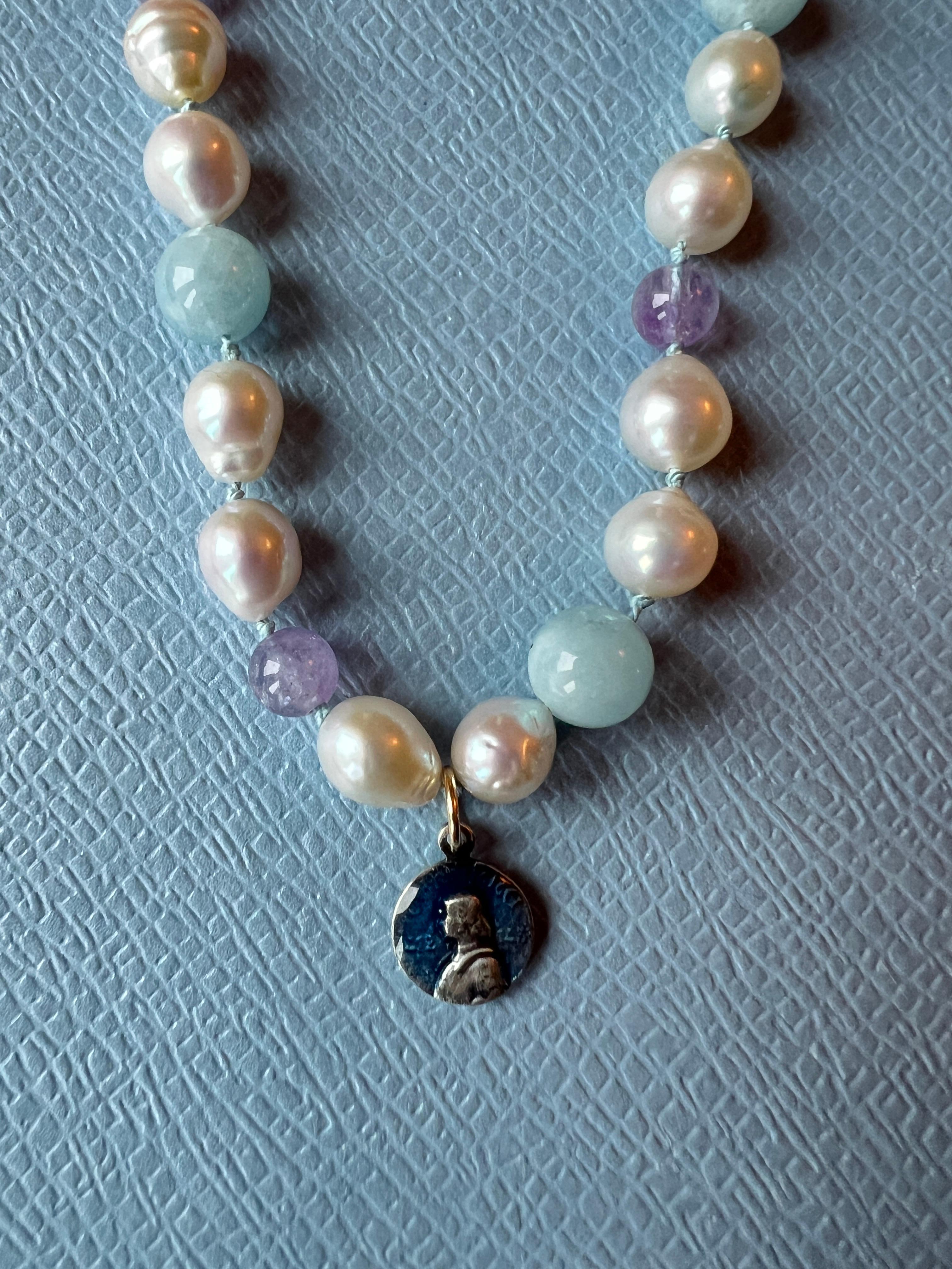 White Pearl Aquamarine Amhetyst Necklace Choker Joan of Arc For Sale 11