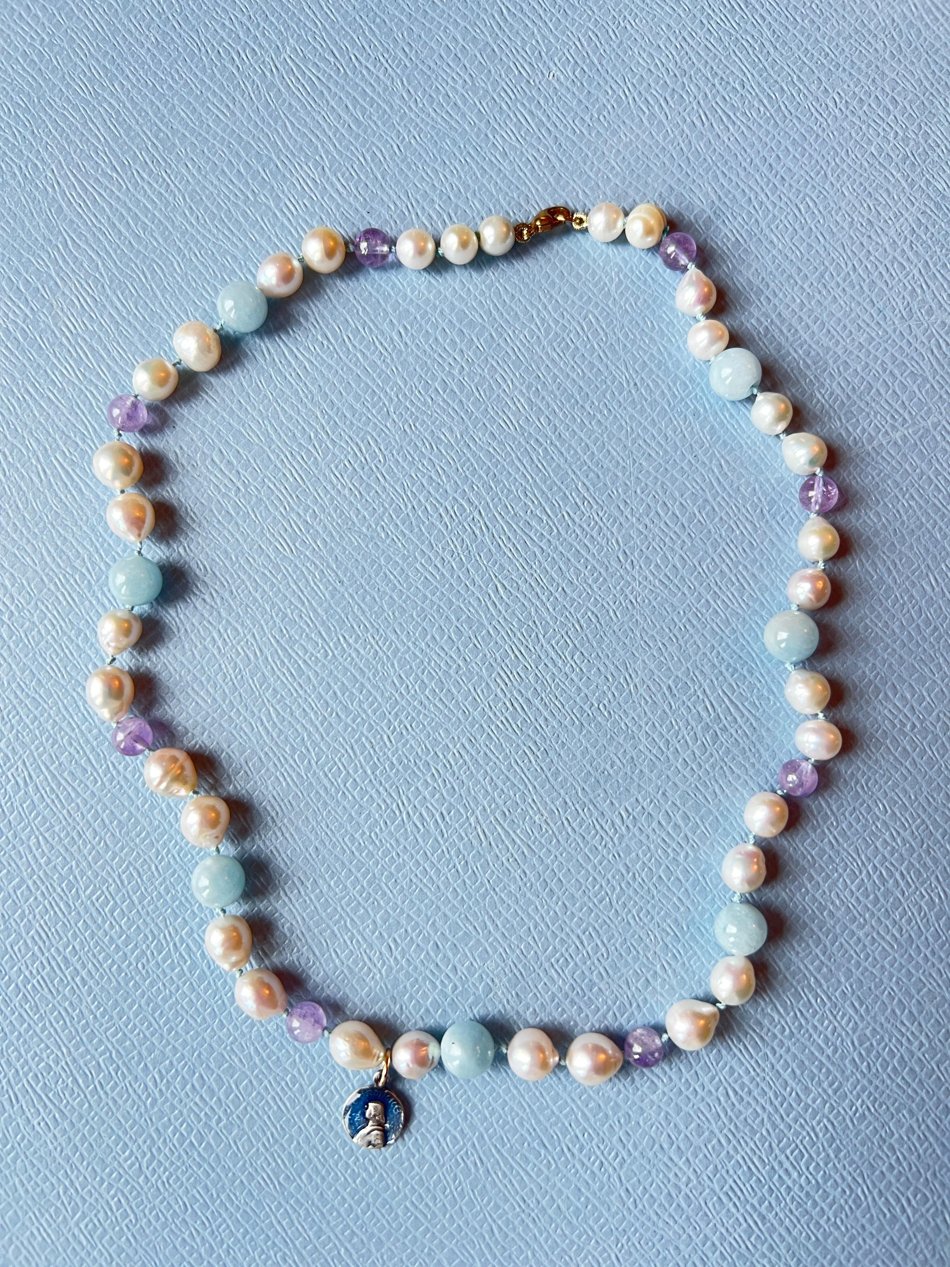 Art Nouveau White Pearl Aquamarine Amhetyst Necklace Choker Joan of Arc For Sale