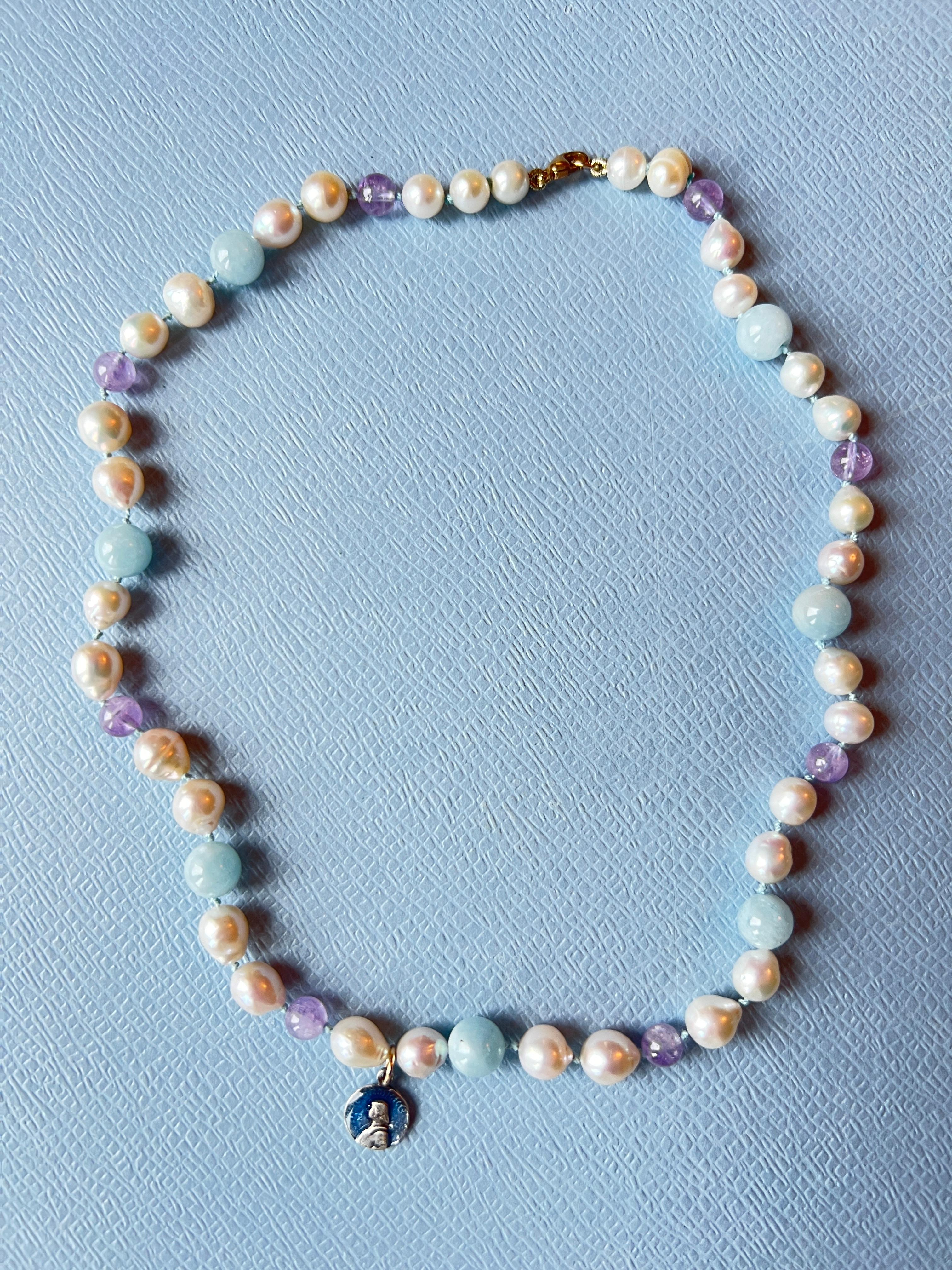Bead White Pearl Aquamarine Amhetyst Necklace Choker Joan of Arc For Sale