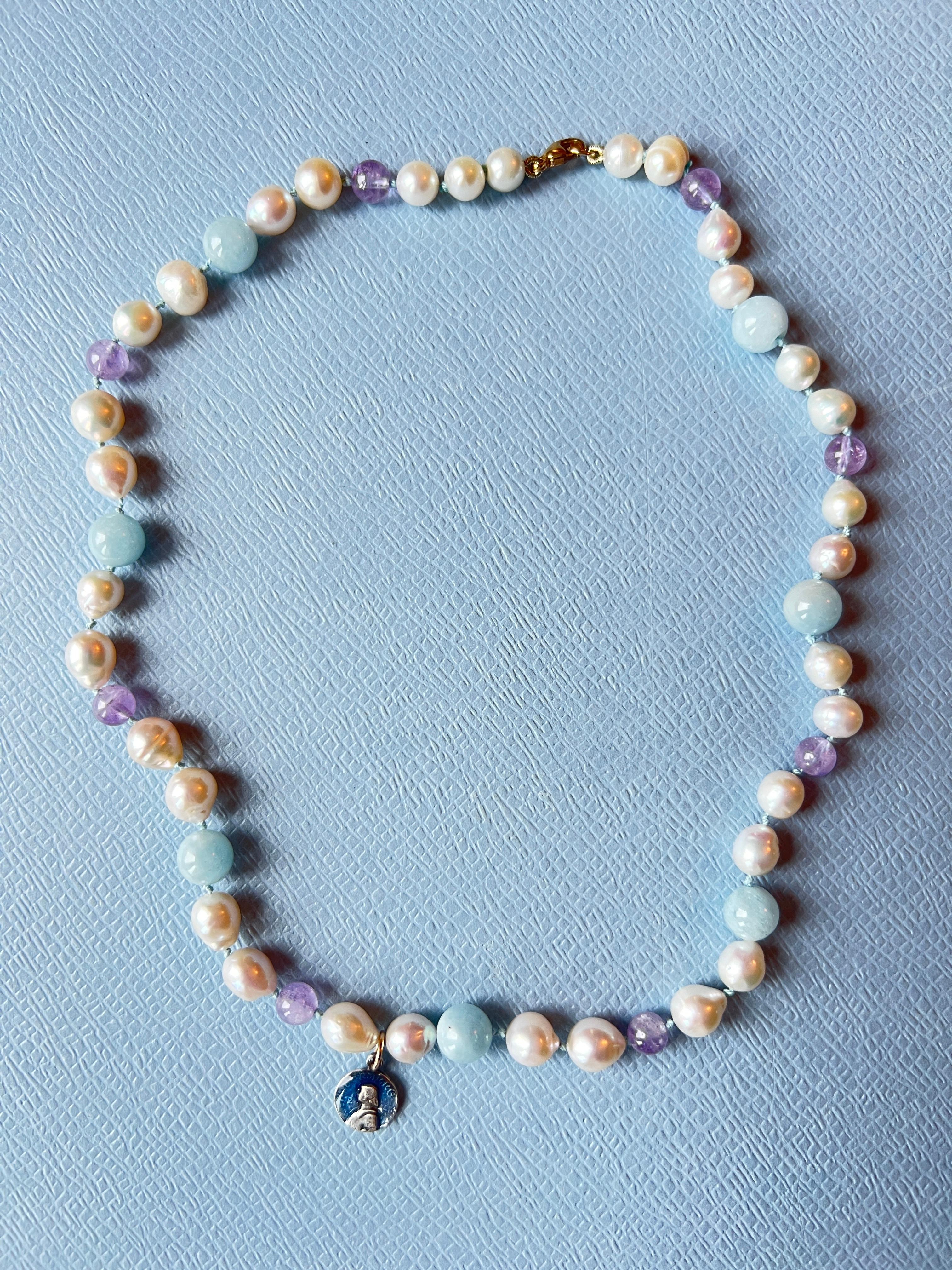 White Pearl Aquamarine Amhetyst Necklace Choker Joan of Arc In New Condition For Sale In Los Angeles, CA