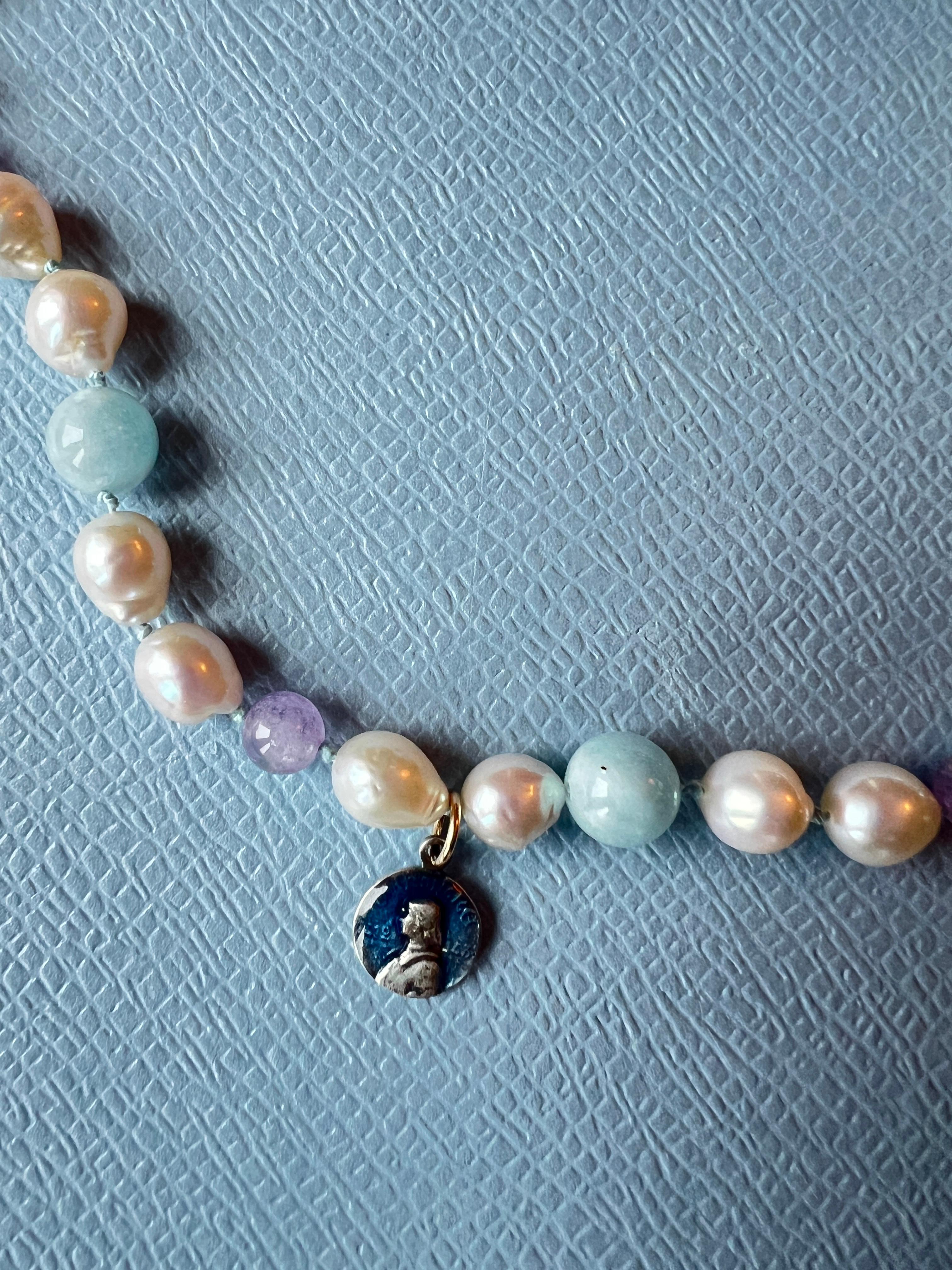 Women's White Pearl Aquamarine Amhetyst Necklace Choker Joan of Arc For Sale