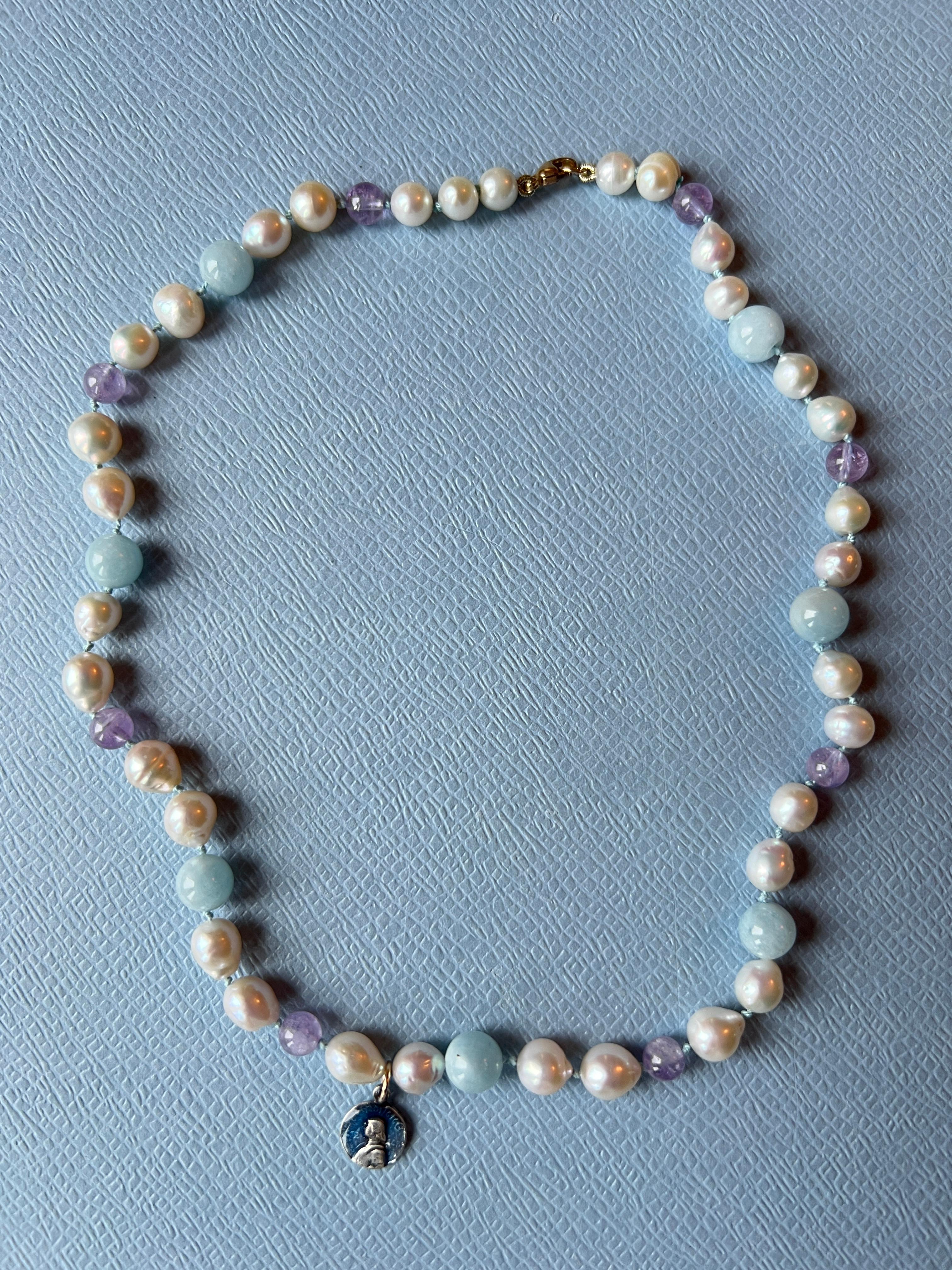 White Pearl Aquamarine Amhetyst Necklace Choker Joan of Arc For Sale 1