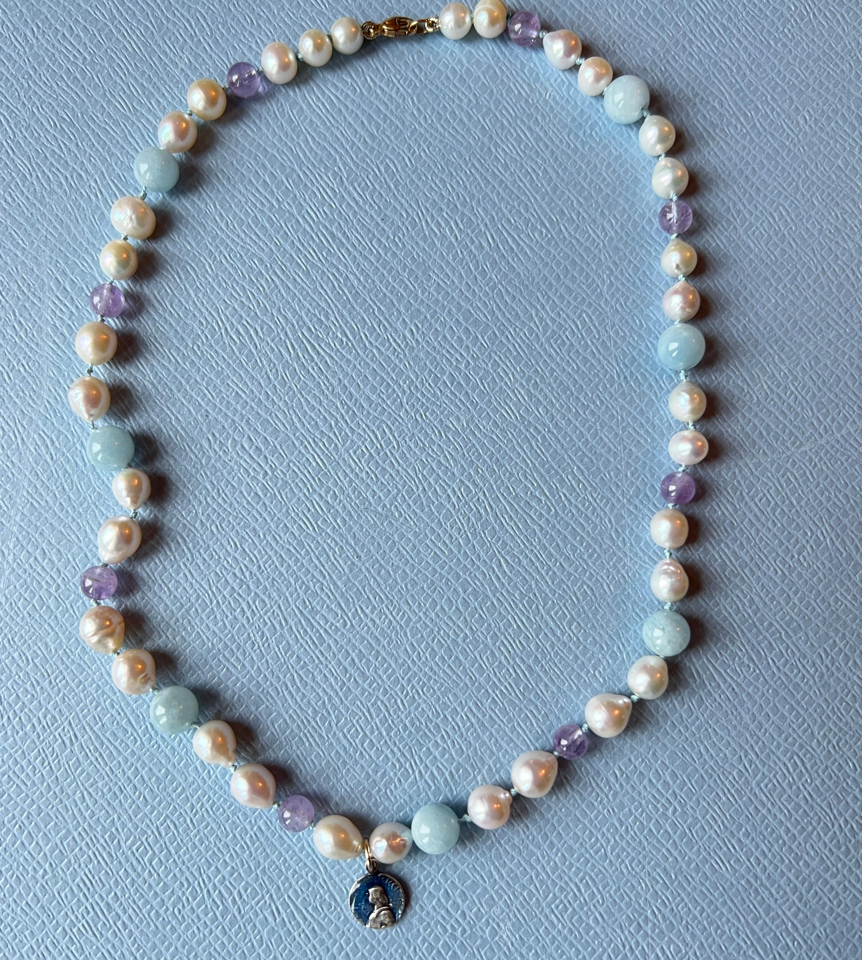 White Pearl Aquamarine Amhetyst Necklace Choker Joan of Arc For Sale 2