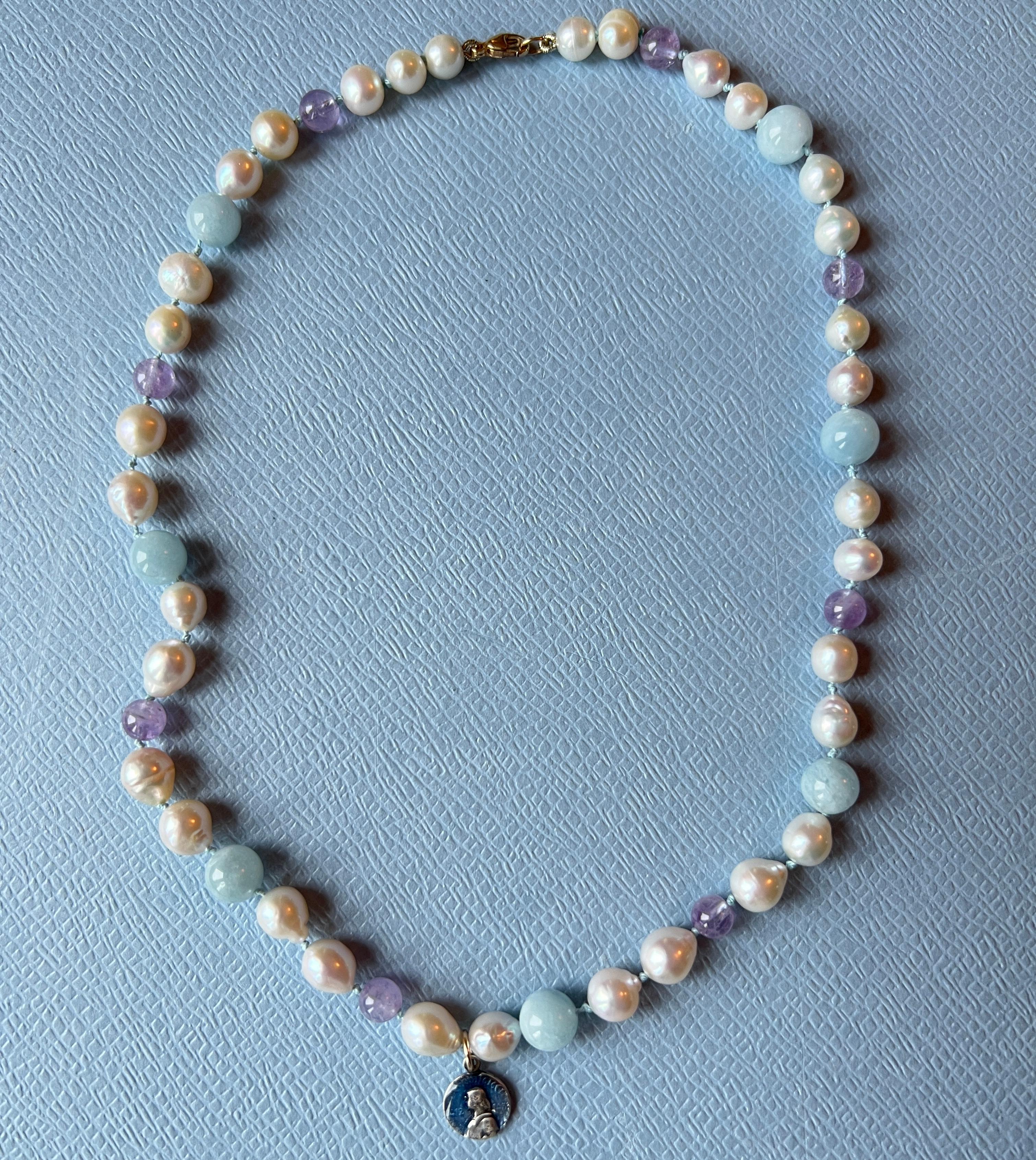 White Pearl Aquamarine Amhetyst Necklace Choker Joan of Arc For Sale 3