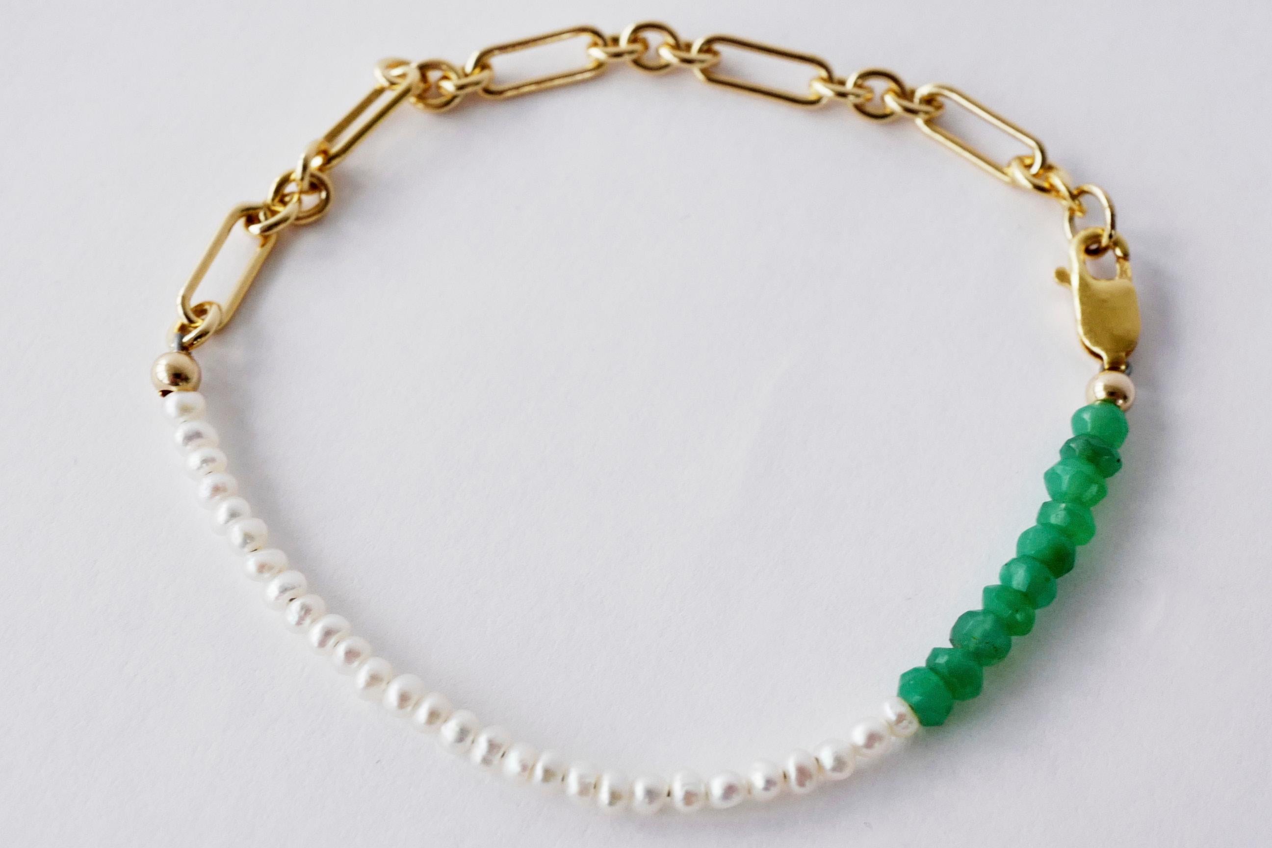 White Pearl Chain Bracelet Green Chrysoprase Gold Filled  J Dauphin In New Condition For Sale In Los Angeles, CA