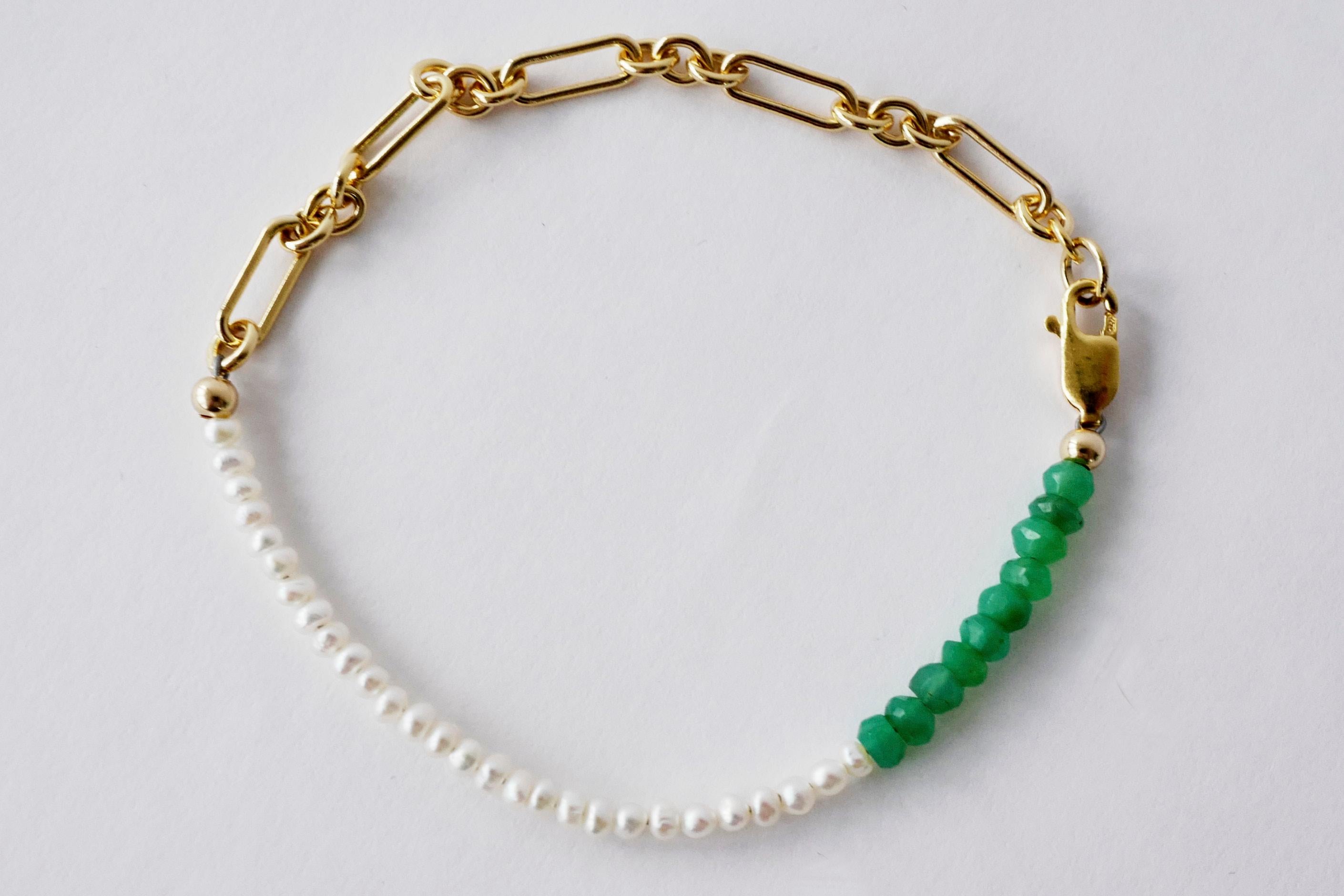 Women's White Pearl Chain Bracelet Green Chrysoprase Gold Filled  J Dauphin For Sale