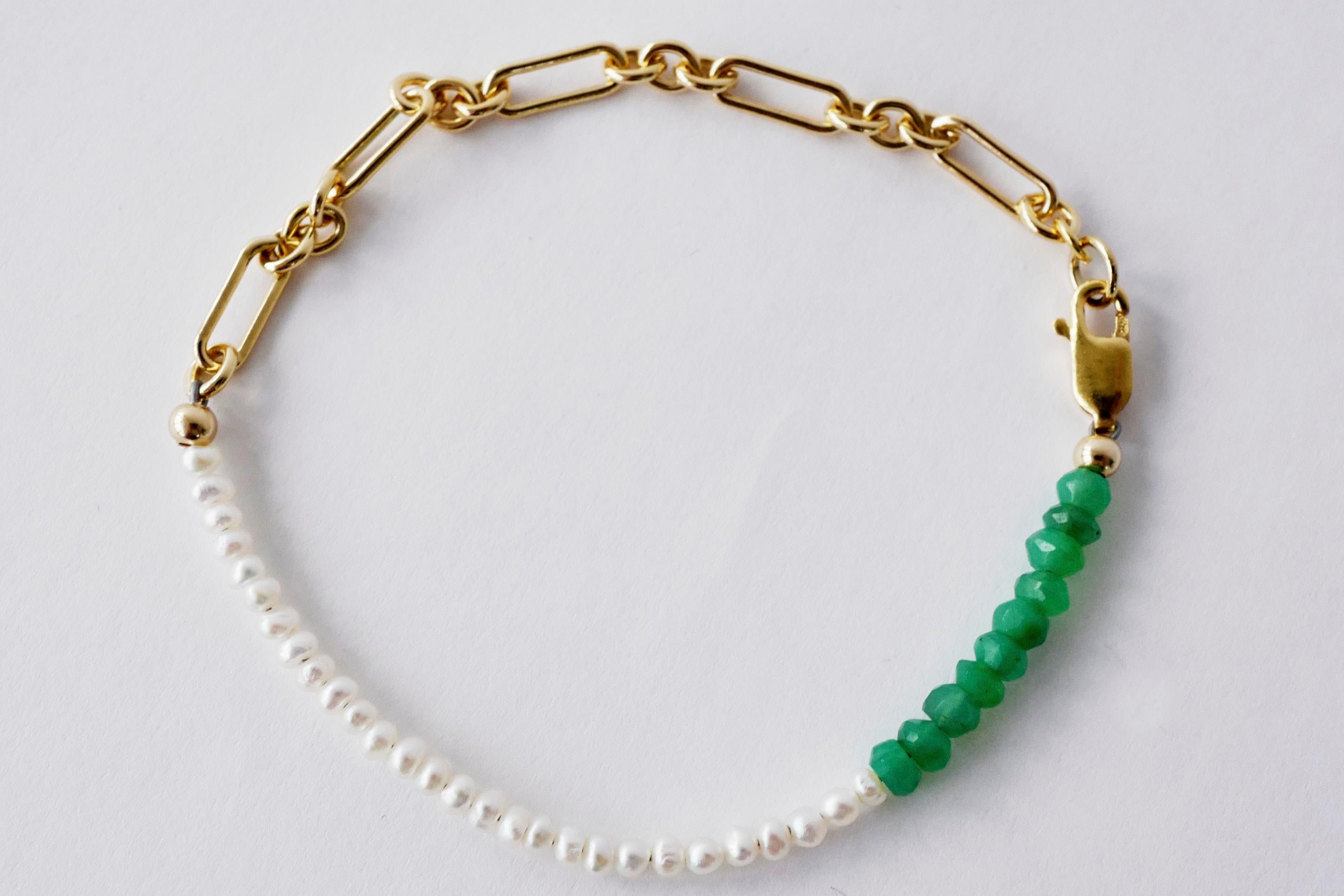 White Pearl Chain Bracelet Green Chrysoprase Gold Filled  J Dauphin For Sale 1