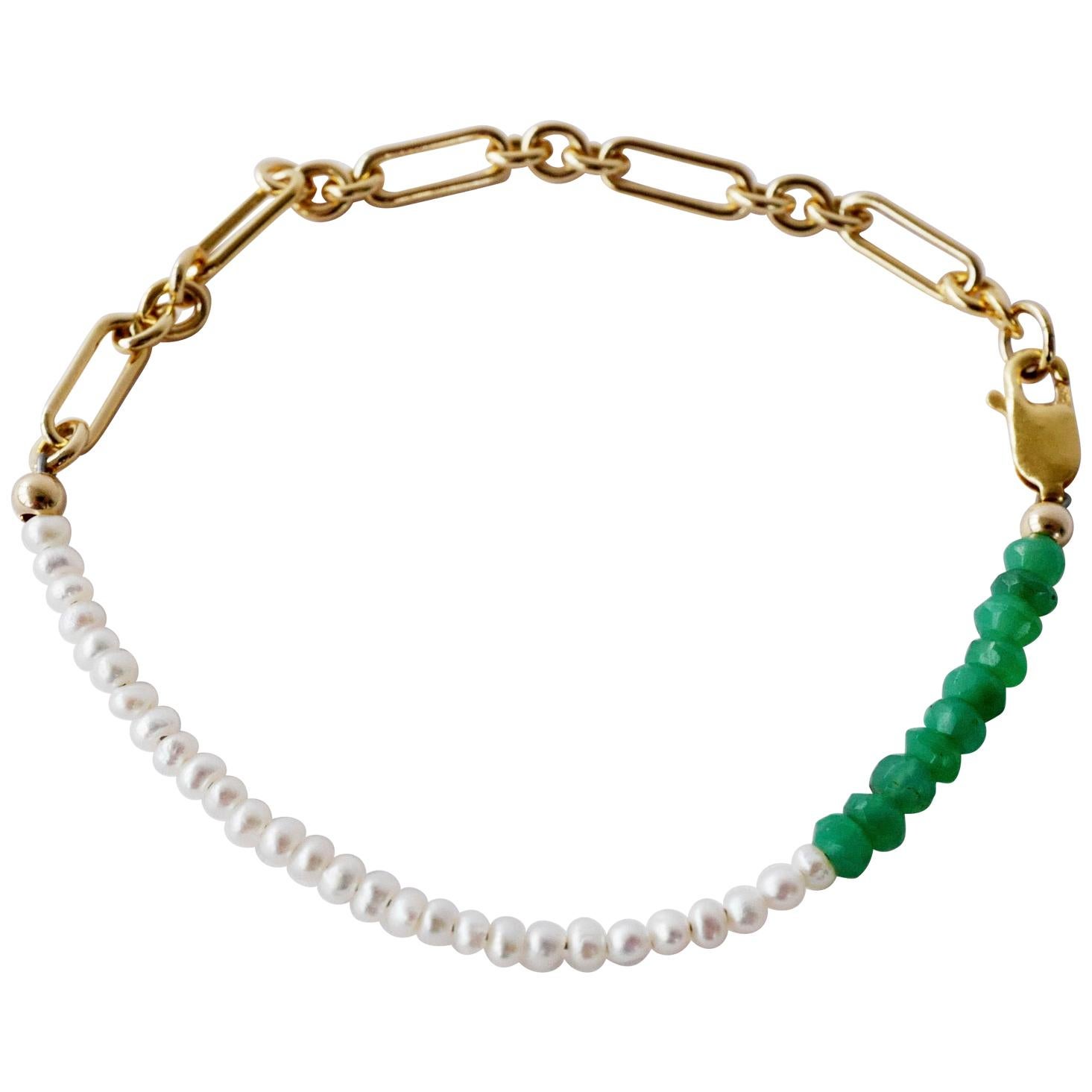White Pearl Chain Bracelet Green Chrysoprase Gold Filled  J Dauphin For Sale