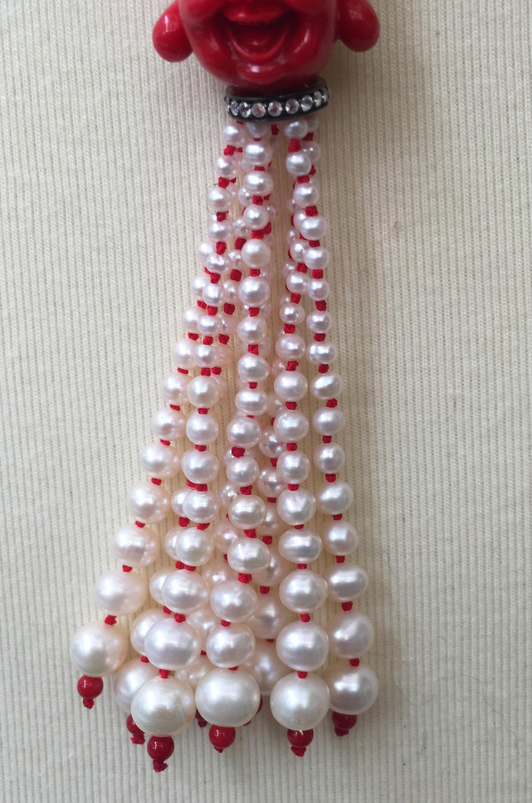 Marina J White Pearl Coral Onyx Silver Bead Necklace & Tassel with Coral Buddha  In New Condition In Los Angeles, CA