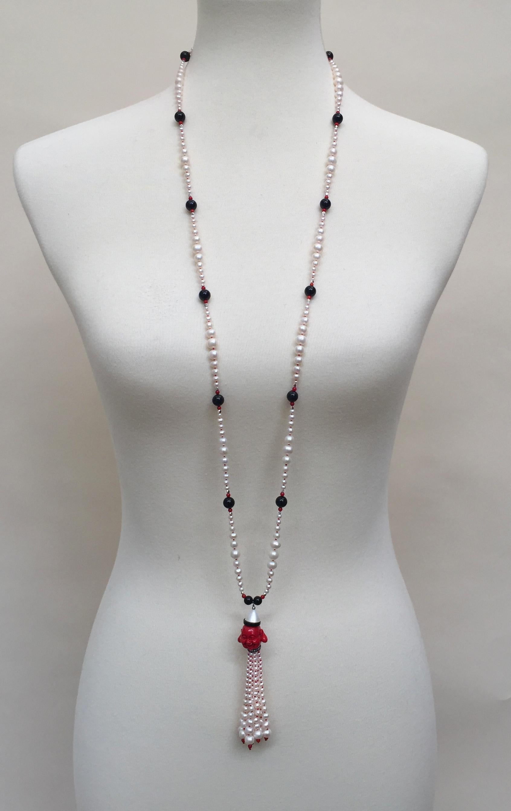 Marina J White Pearl Coral Onyx Silver Bead Necklace & Tassel with Coral Buddha  1