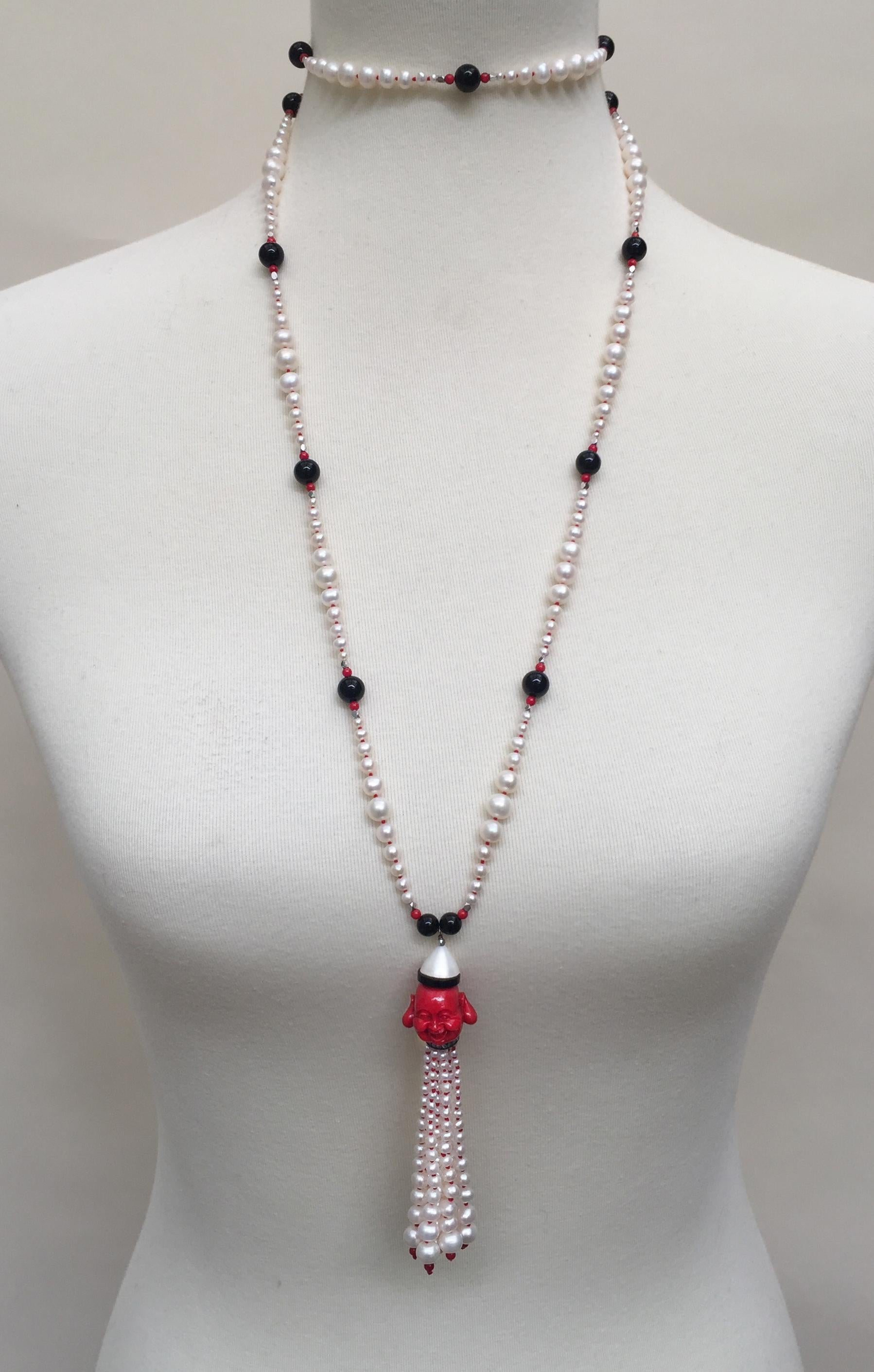 Marina J White Pearl Coral Onyx Silver Bead Necklace & Tassel with Coral Buddha  2