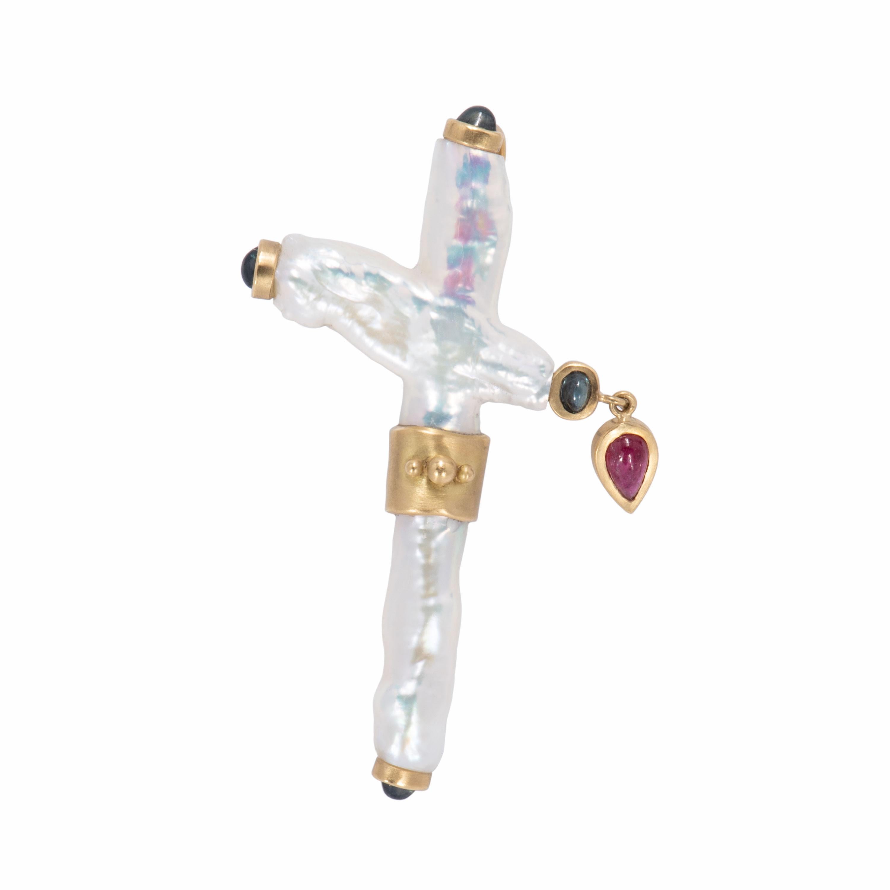 White Pearl Cross Pendant/Brooch with Sapphires and Ruby In New Condition In Santa Fe, NM