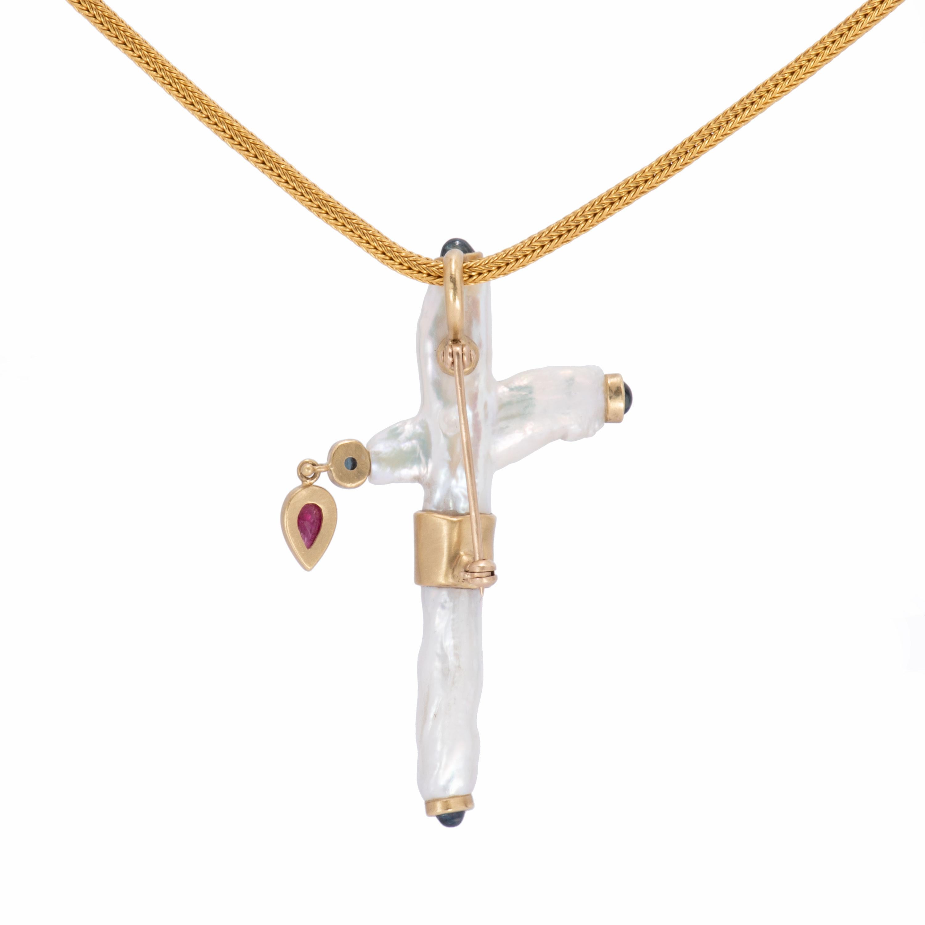 Women's or Men's White Pearl Cross Pendant/Brooch with Sapphires and Ruby