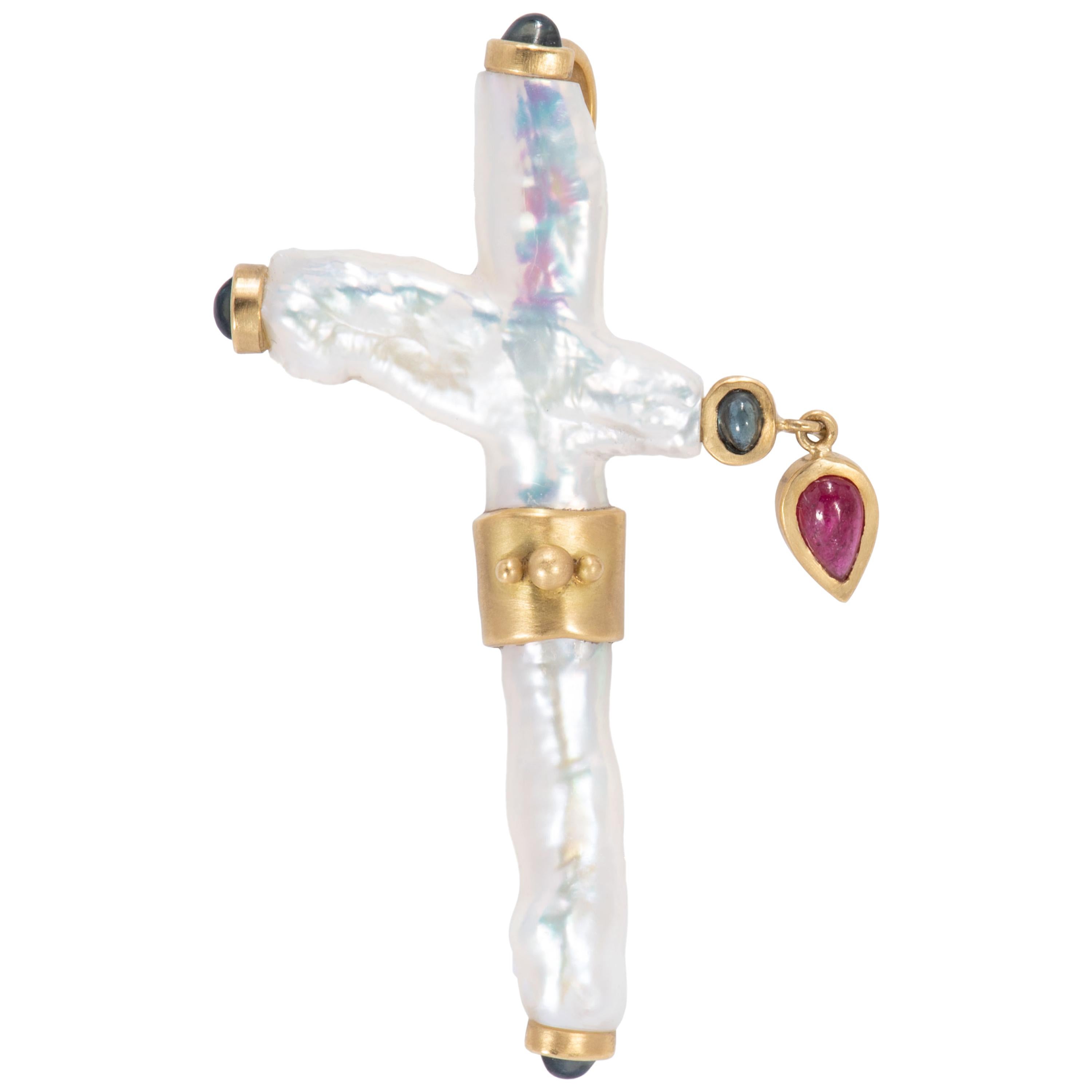 White Pearl Cross Pendant/Brooch with Sapphires and Ruby