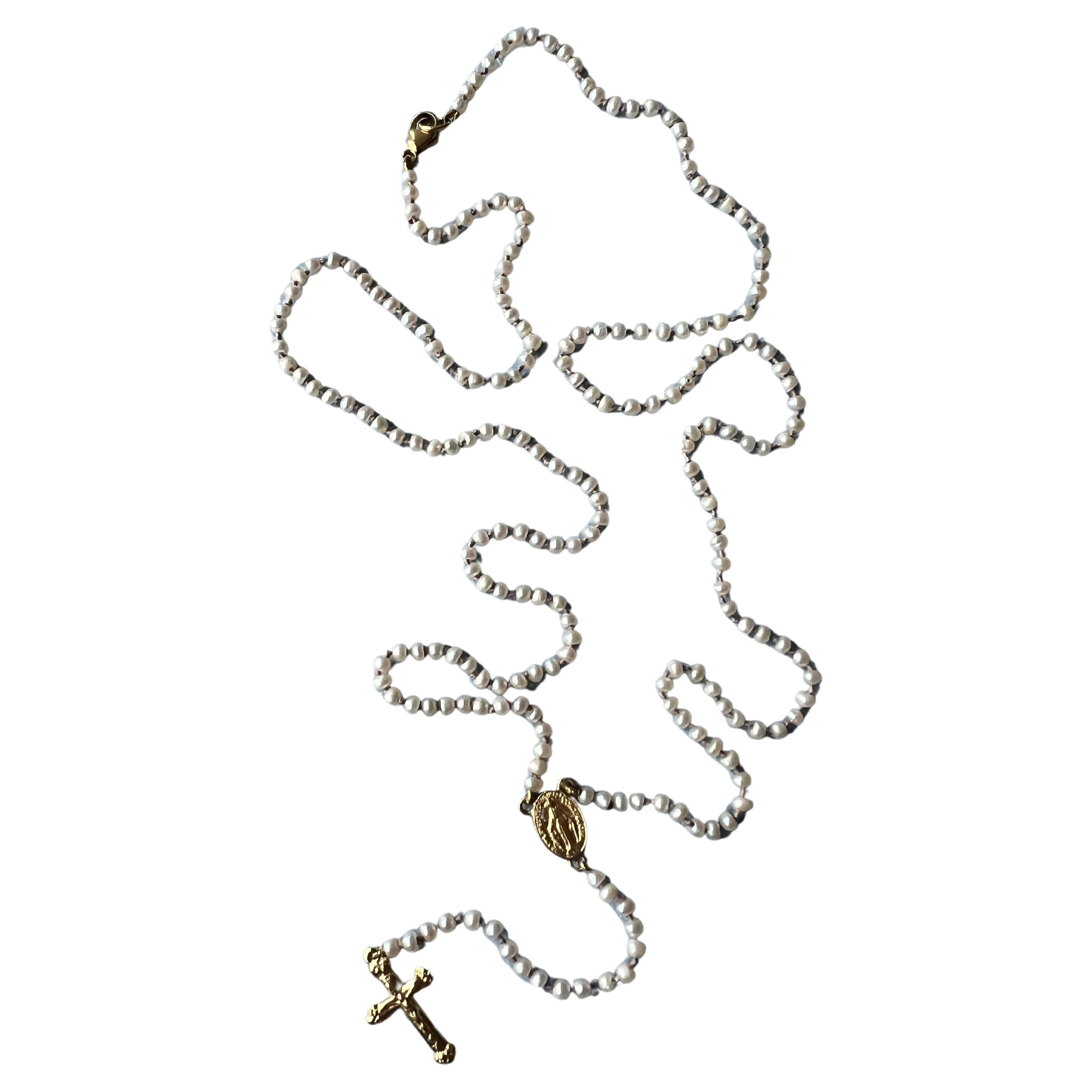 White Pearl Crucifix Cross Virgin Mary 14 Karat Gold Necklace