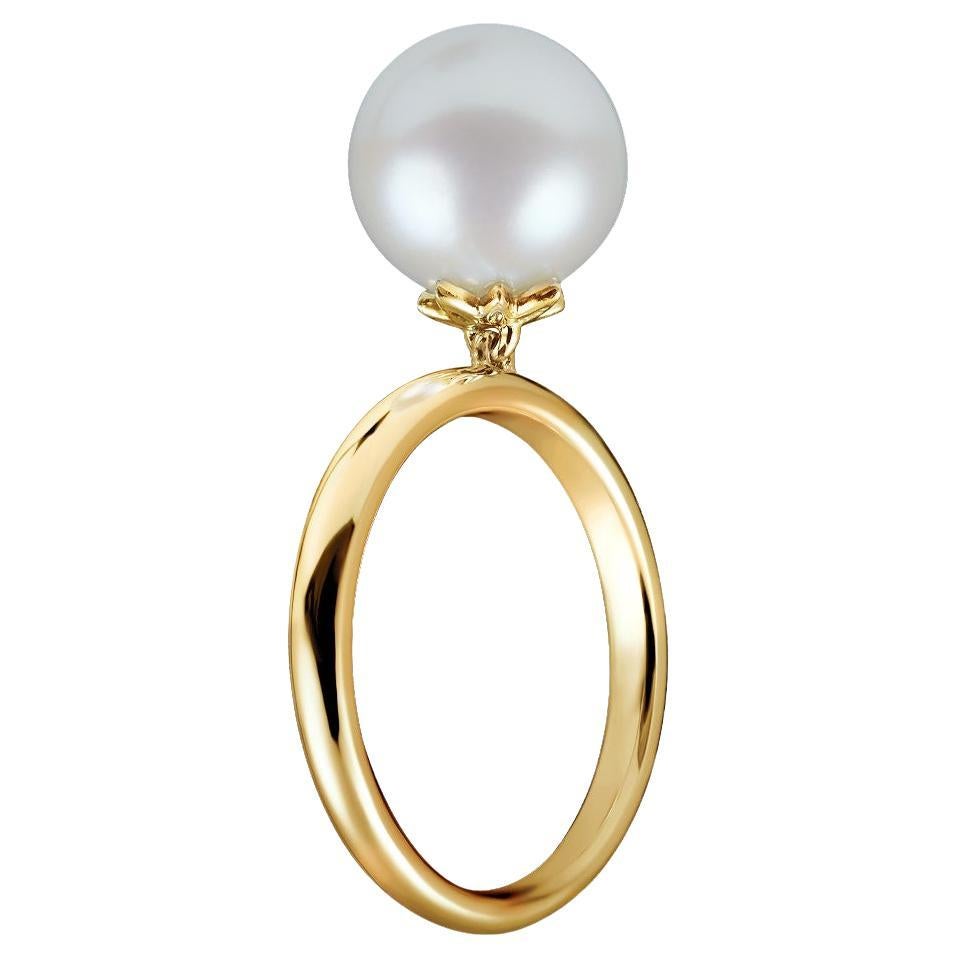 White Pearl Dangle Ring Yellow Gold For Sale