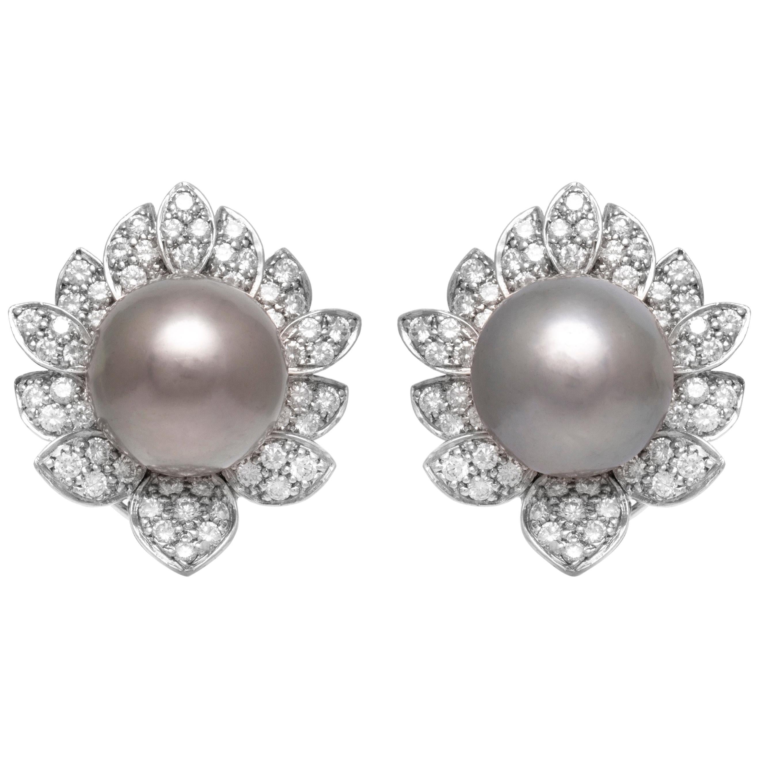 Black Pearl Clip-On Diamond Flower Earrings