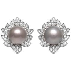 Black Pearl Clip-On Diamond Flower Earrings
