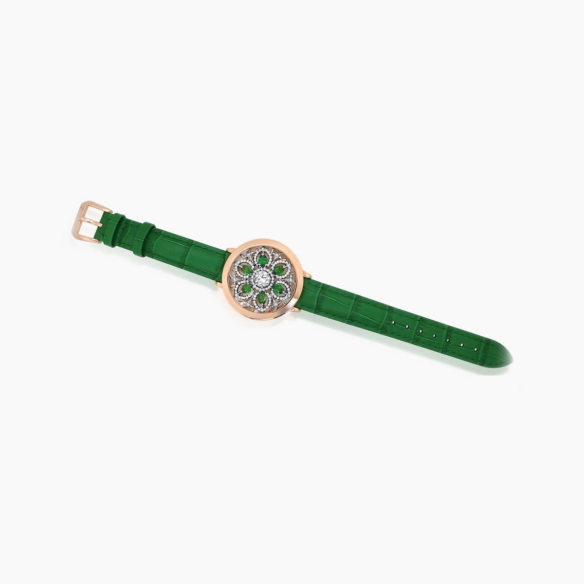 Bracciale in pelle con quadrante in oro rosa 18 carati e diamanti di Whiting & Greene & Greene In condizioni Nuovo in vendita a Oakton, VA