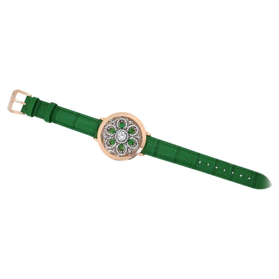 Bracciale in pelle con quadrante in oro rosa 18 carati e diamanti di Whiting & Greene & Greene in vendita