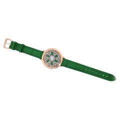 White Pearl Diamond & Green Garnet 18K Rose Gold Watch Dial Leather Bracelet