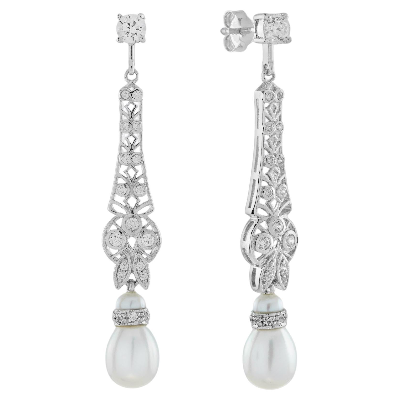 Boucles d'oreilles pendantes en or blanc 14K, perles blanches et diamants, style vintage