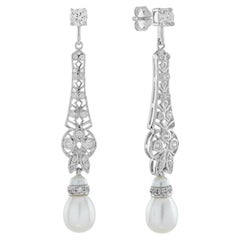 Boucles d'oreilles pendantes en or blanc 14K, perles blanches et diamants, style vintage