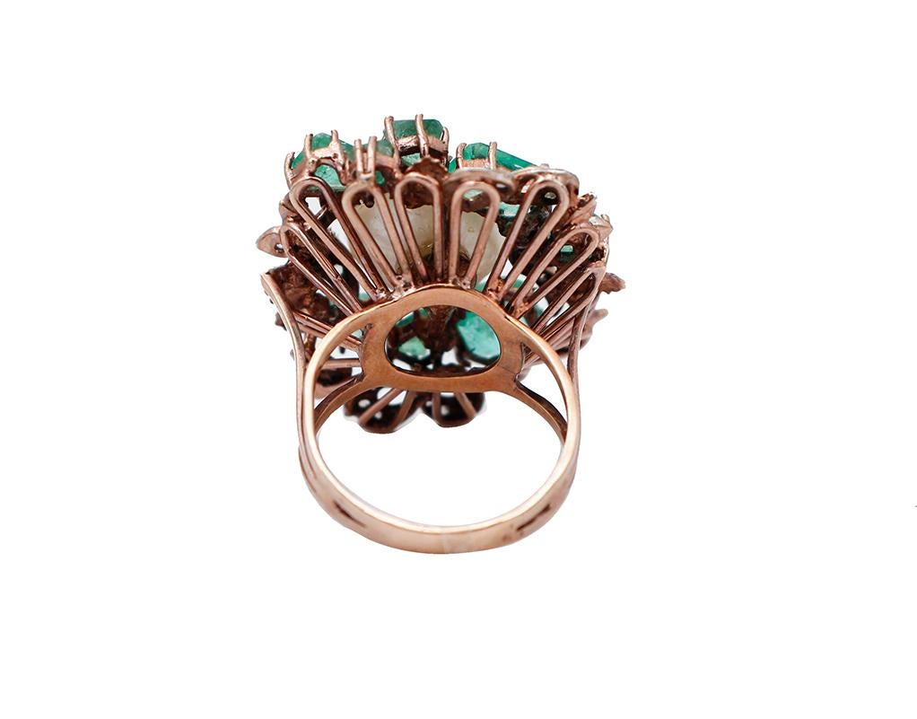 Mixed Cut White Pearl, Diamonds, Emeralds, 9Kt Rose Gold and Silver Retrò Ring