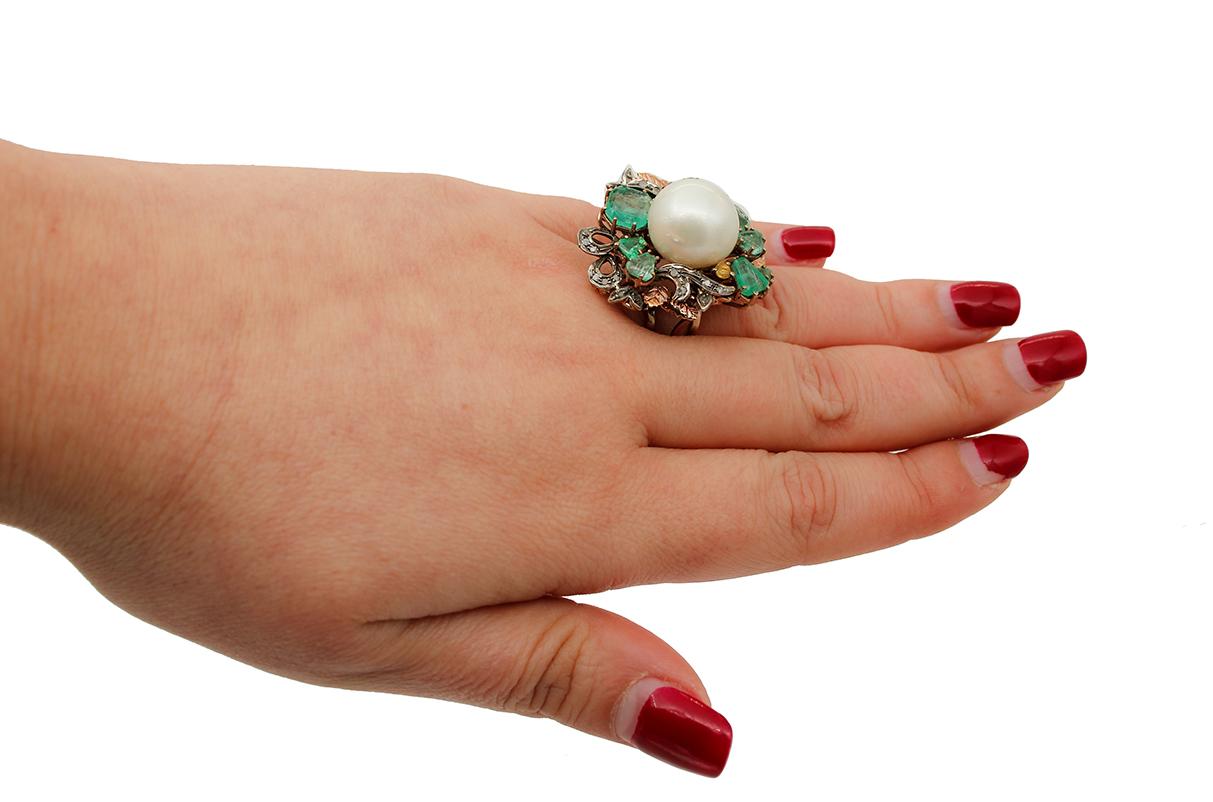 Weier Perlen, Diamanten, Smaragde, 9Kt Rose Gold und Silber Retr Ring im Zustand „Gut“ in Marcianise, Marcianise (CE)