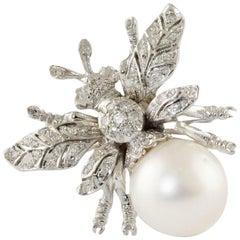 Vintage White Pearl, Diamonds, Sapphires, 14 Karat White Gold Bee Ring