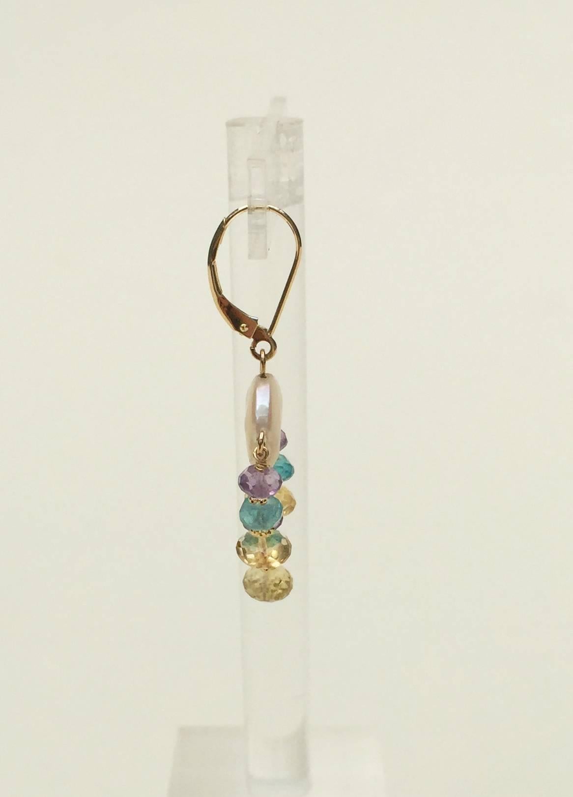 Artist White Pearl Earrings with Amethyst, Topaz, Citrine and 14 Karat Gold by Marina J For Sale