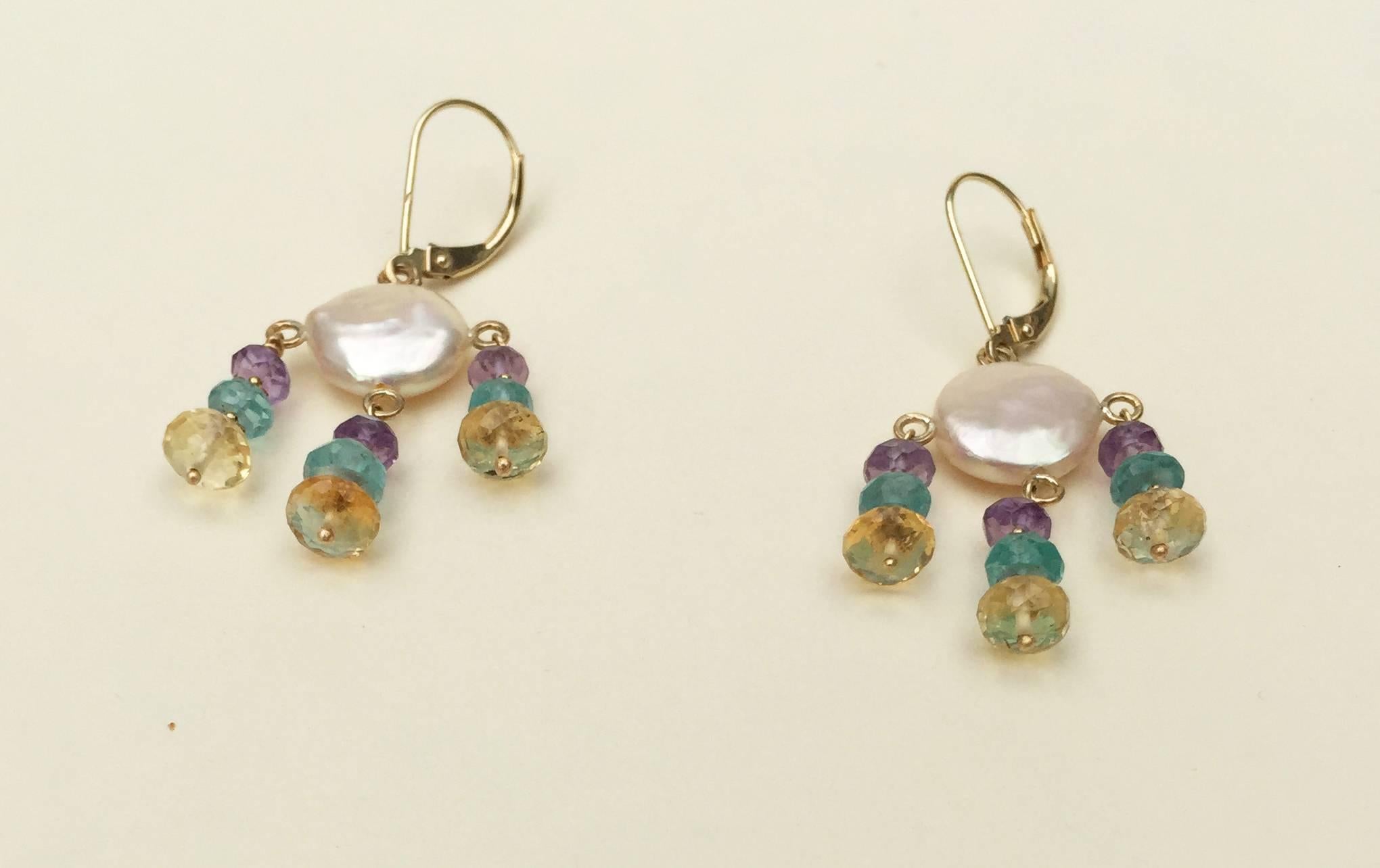 Bead White Pearl Earrings with Amethyst, Topaz, Citrine and 14 Karat Gold by Marina J For Sale