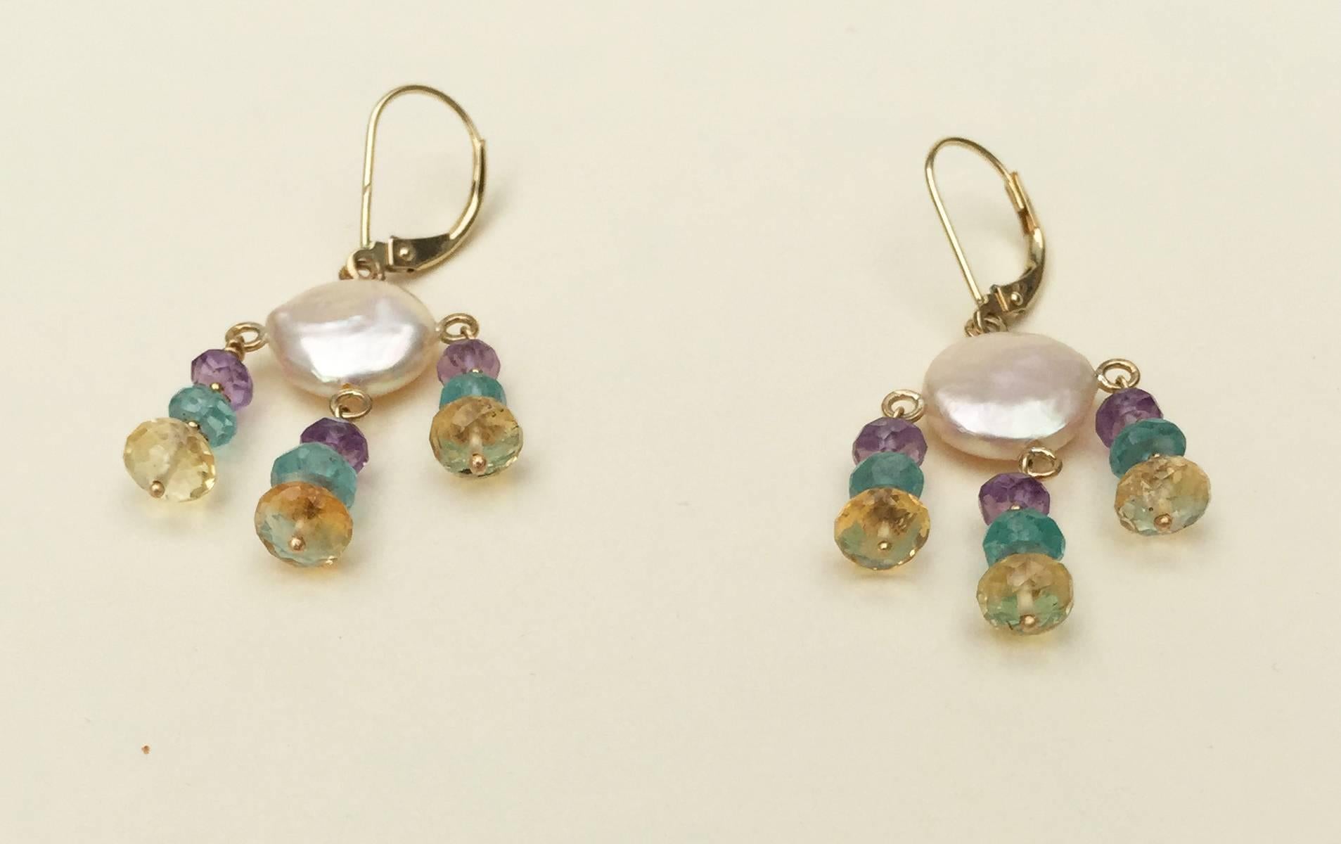 White Pearl Earrings with Amethyst, Topaz, Citrine and 14 Karat Gold by Marina J In New Condition For Sale In Los Angeles, CA