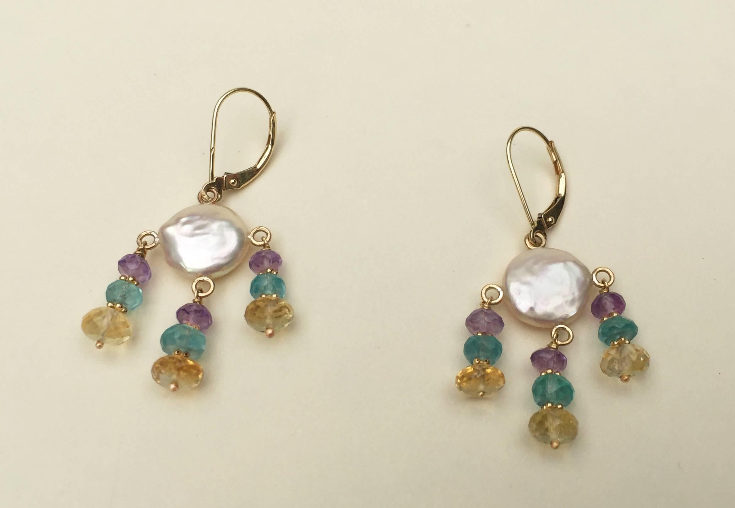 Women's White Pearl Earrings with Amethyst, Topaz, Citrine and 14 Karat Gold by Marina J For Sale