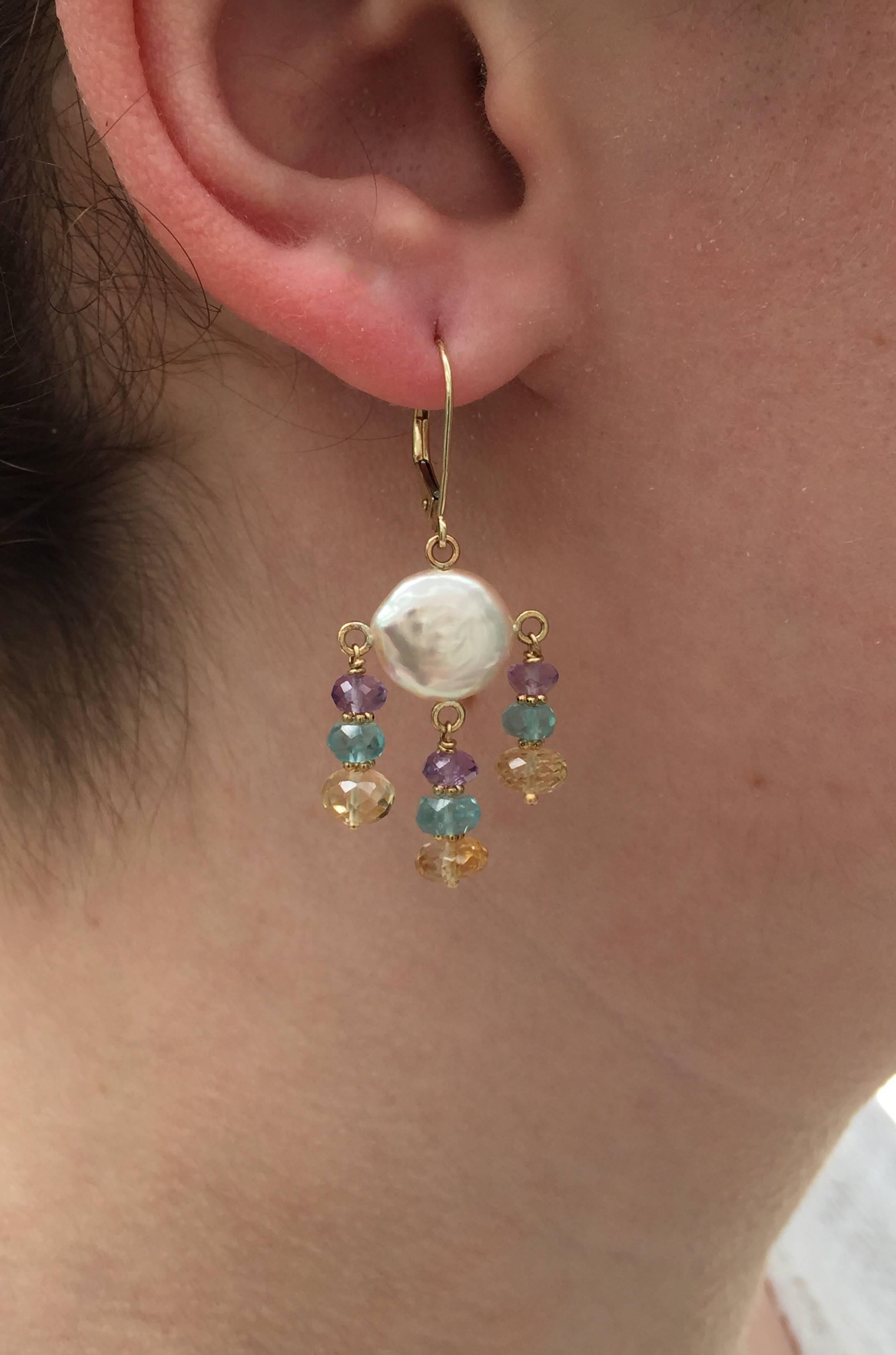White Pearl Earrings with Amethyst, Topaz, Citrine and 14 Karat Gold by Marina J For Sale 1