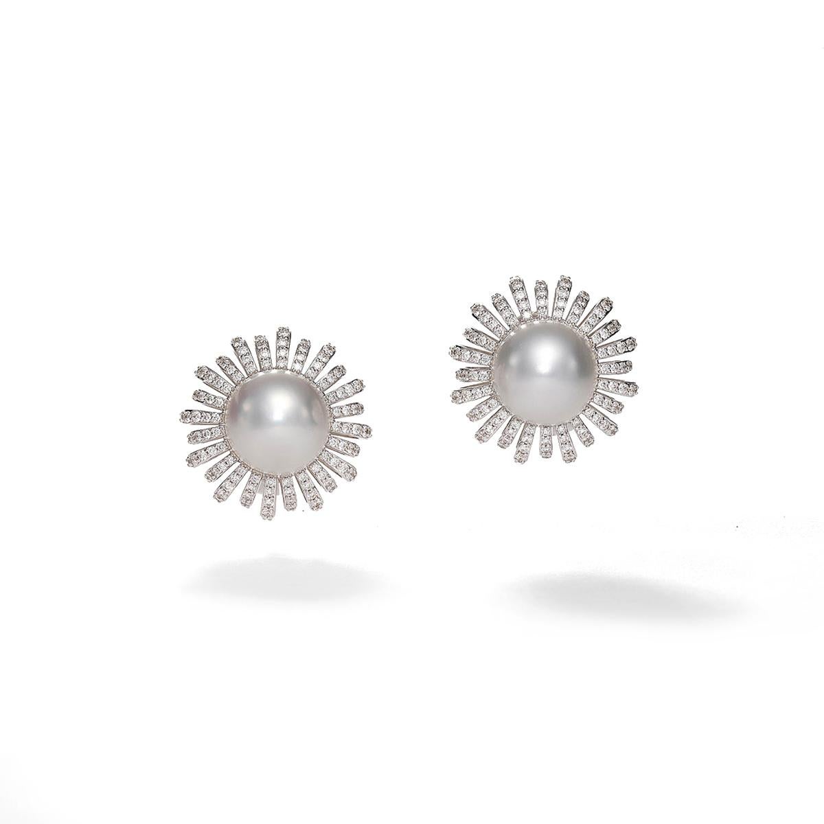 Contemporary White Pearl Earrings with Diamonds For Sale