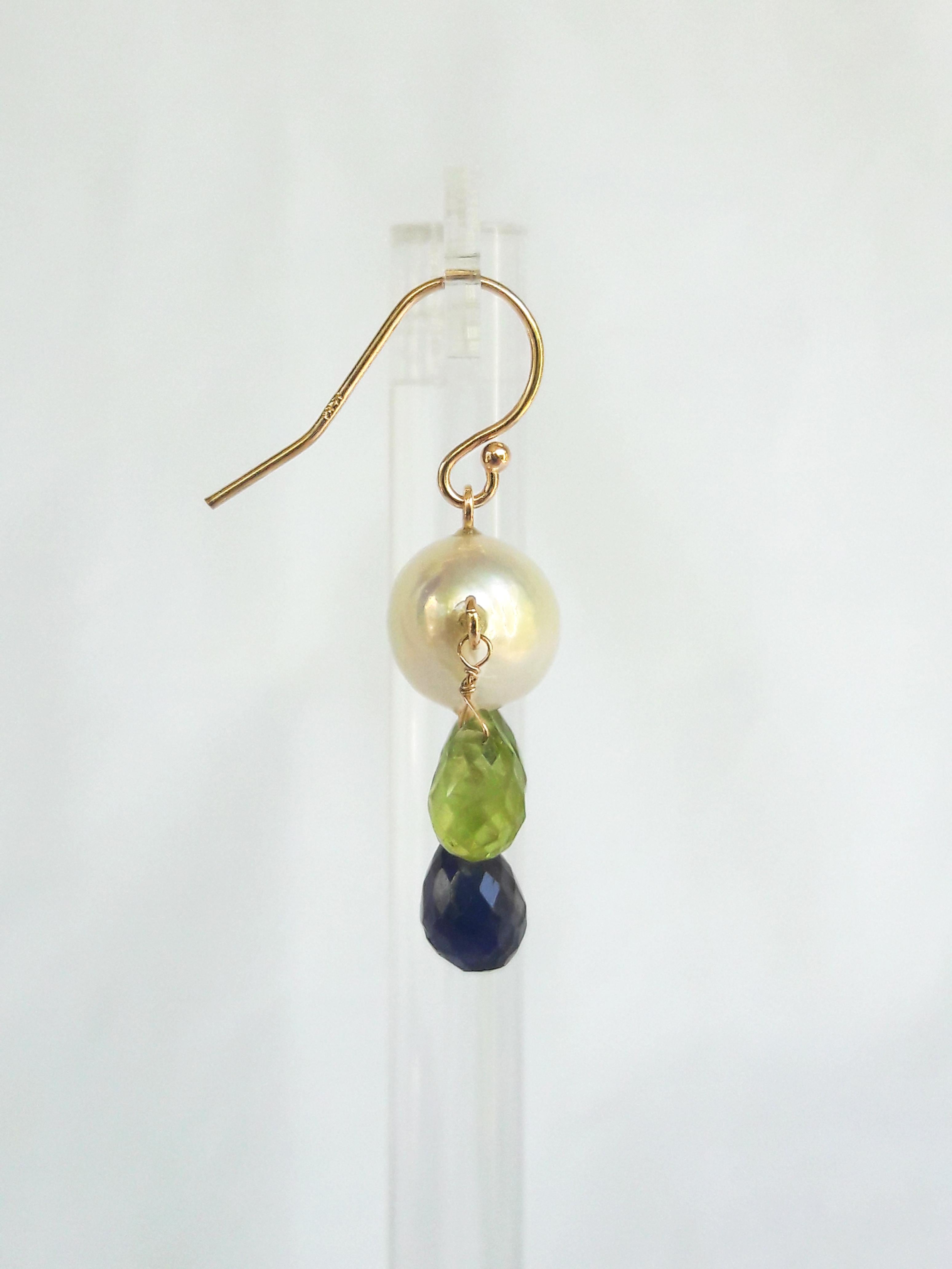 Artist Marina J White Pearl Earrings with Iolite and Peridot Brioletts  and 14 K Gold For Sale