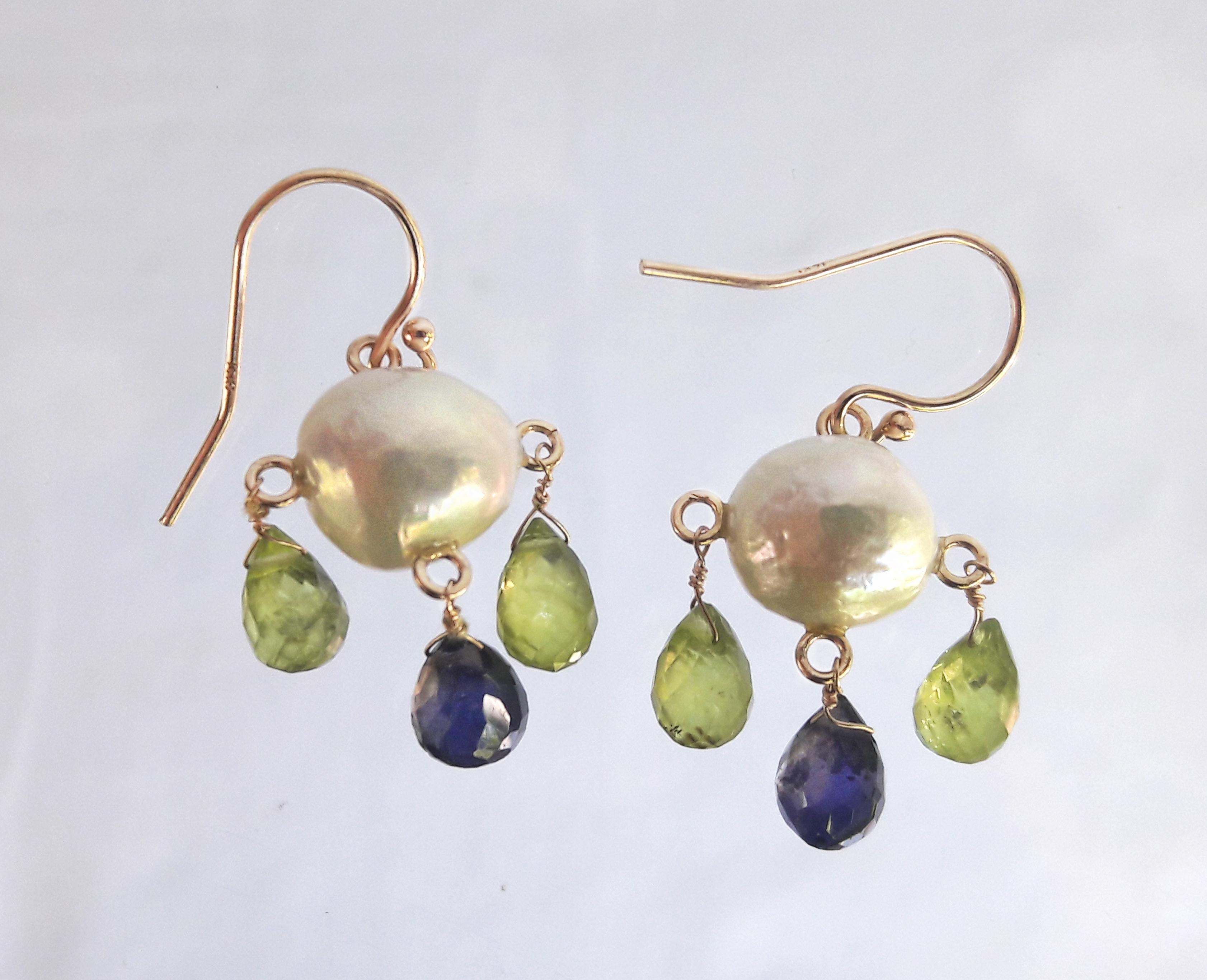 Bead Marina J White Pearl Earrings with Iolite and Peridot Brioletts  and 14 K Gold  For Sale