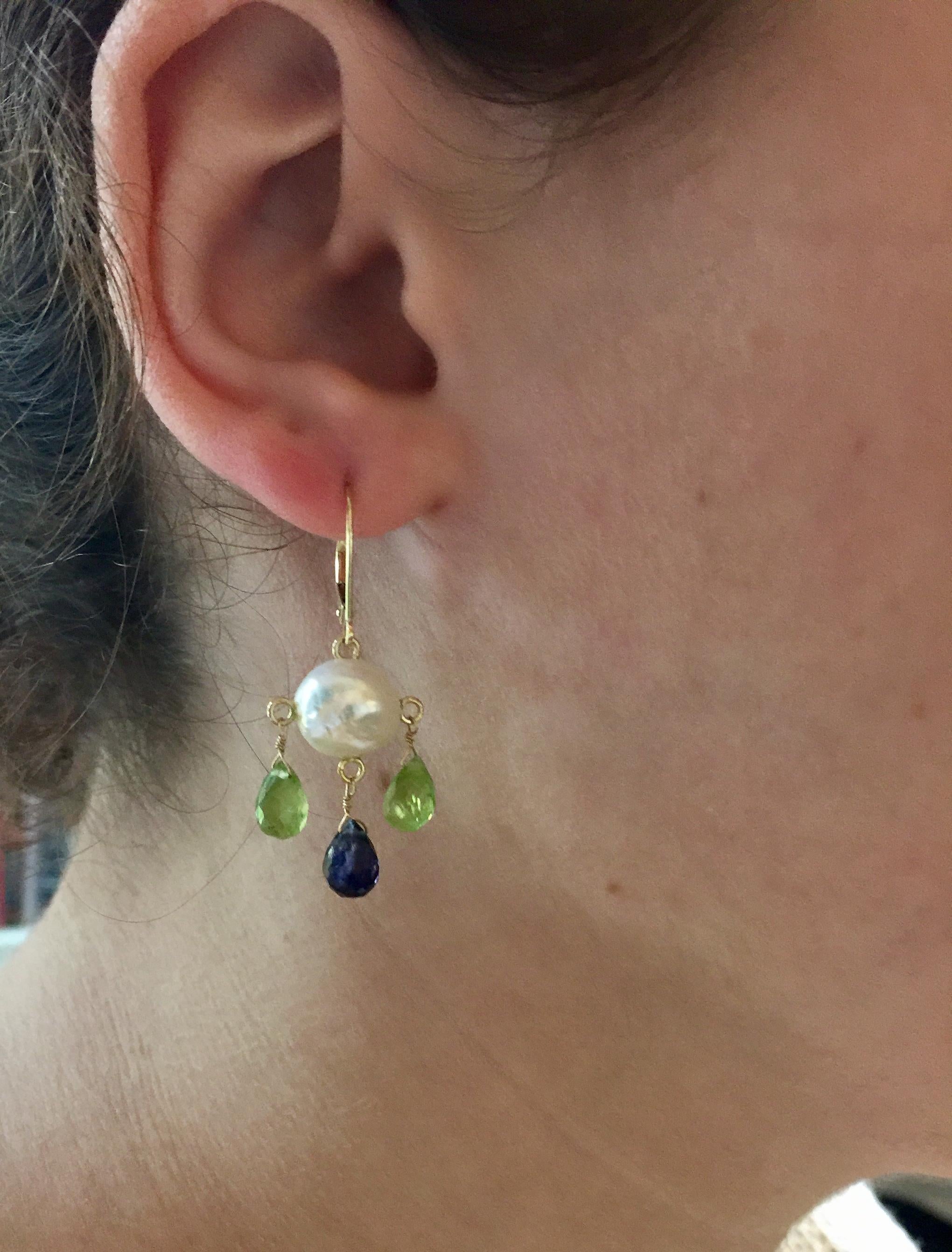 Marina J White Pearl Earrings with Iolite and Peridot Brioletts  and 14 K Gold In New Condition For Sale In Los Angeles, CA