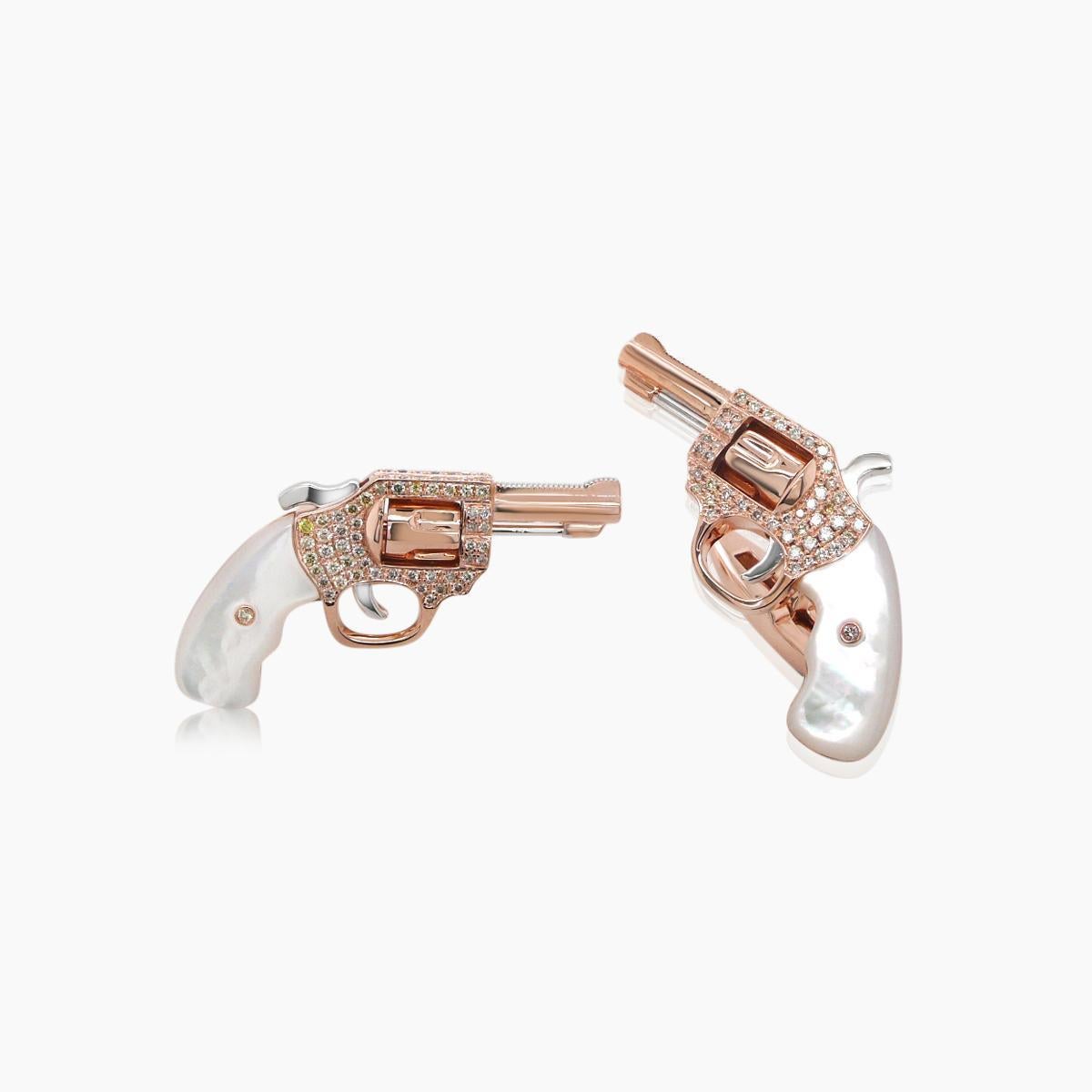 Mixed Cut White Pearl & Fancy Diamond 18K Rose Gold Gun Revolver Cufflinks For Sale