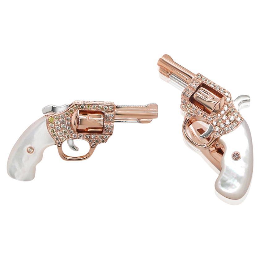 Manschettenknöpfe mit weißer Perle und ausgefallenen Diamanten 18K Rose Gold Gun Revolver