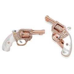White Pearl & Fancy Diamond 18K Rose Gold Gun Revolver Cufflinks