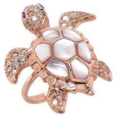 White Pearl Fancy Diamond Ruby 18K Rose Gold Turtle Ring