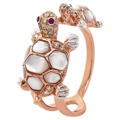 White Pearl Fancy Diamond Ruby 18K Rose Gold Turtle Ring