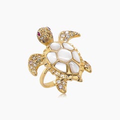 White Pearl Fancy Diamond Ruby 18K Yellow Gold Turtle Ring