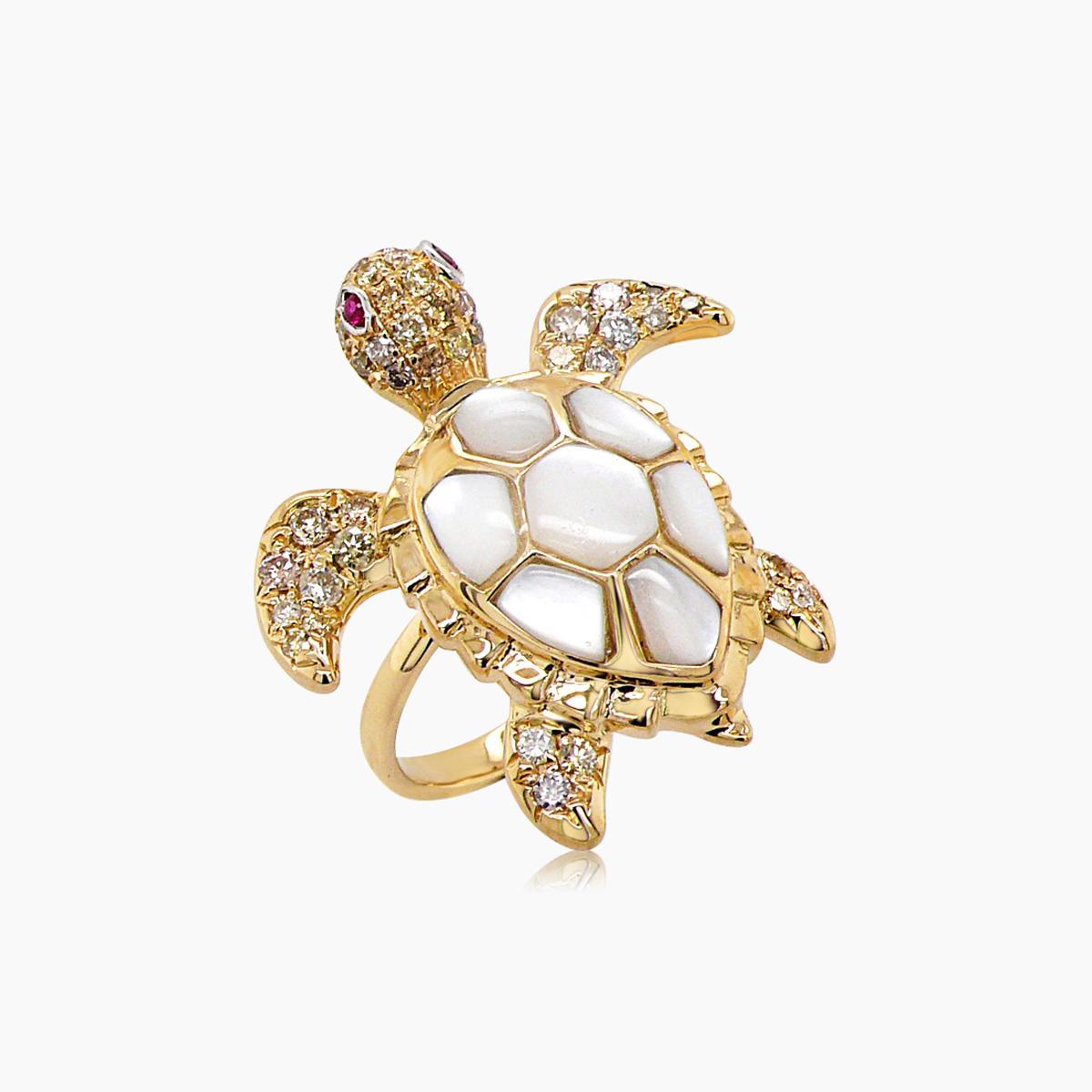 Mixed Cut White Pearl Fancy Diamond Ruby 18K Yellow Gold Turtle Ring For Sale