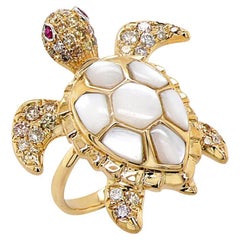 White Pearl Fancy Diamond Ruby 18K Yellow Gold Turtle Ring