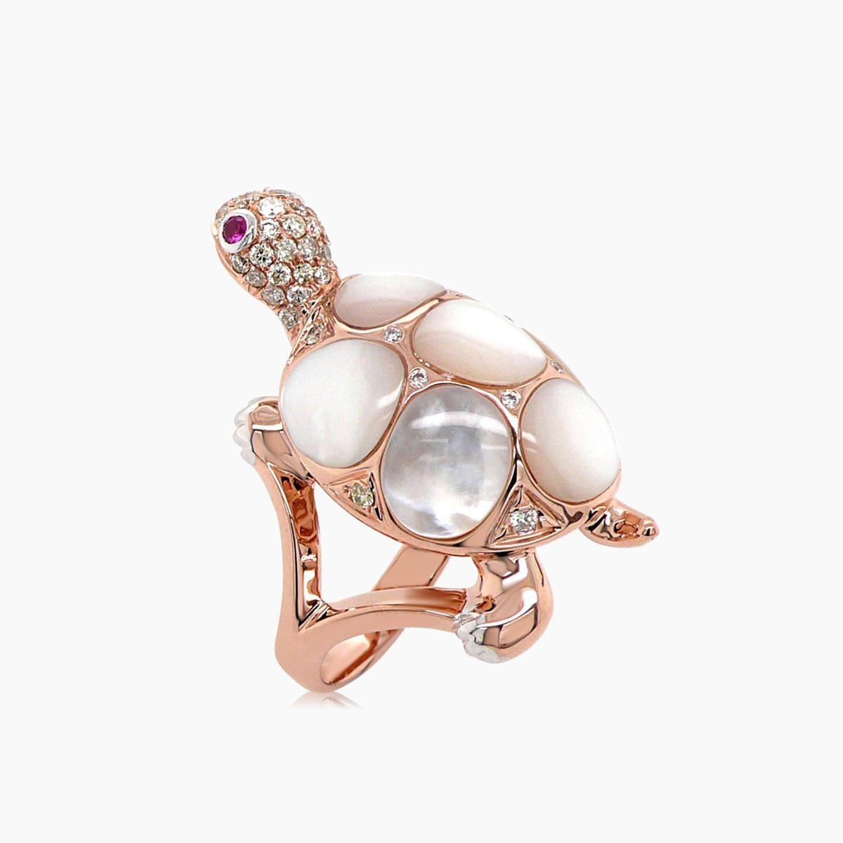 White Pearl Fancy Diamond Ruby & White Diamond 18K Rose Gold Turtle Ring In New Condition For Sale In Oakton, VA