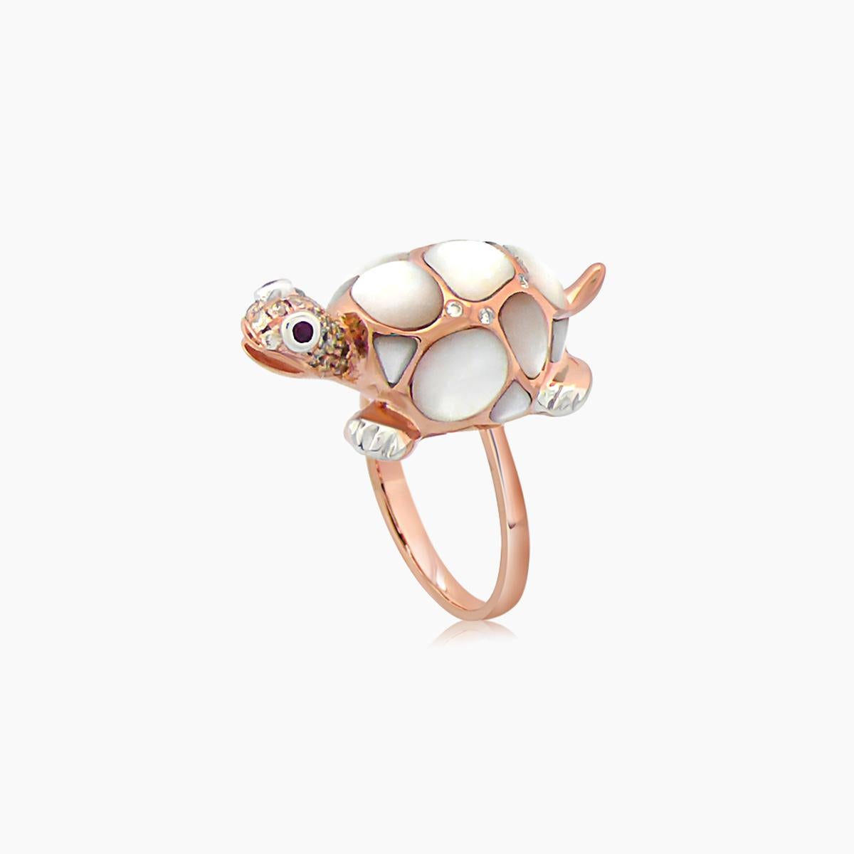 White Pearl  Fancy Diamond Ruby & White Diamond 18K Rose Gold Turtle Ring In New Condition For Sale In Oakton, VA
