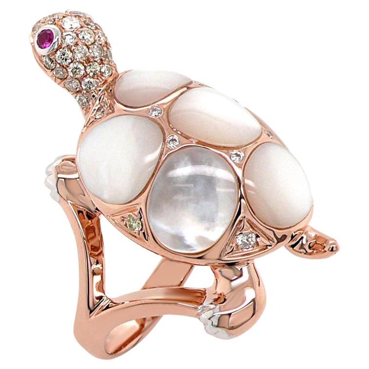 White Pearl Fancy Diamond Ruby & White Diamond 18K Rose Gold Turtle Ring